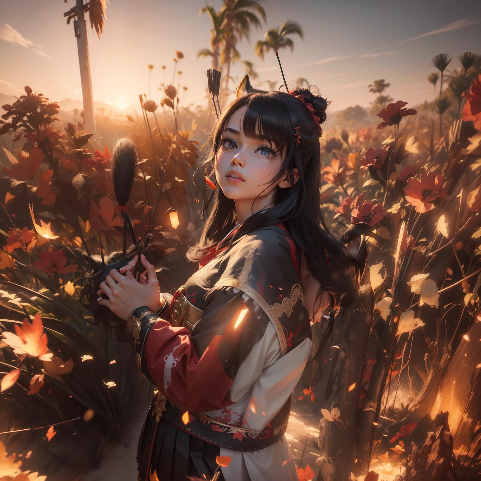 (detailed face and eyes:1.3),
naenarachan,1girl,solo,red eyes, black hair,single hair bun,(hair stick:1.4),hair pin,long hair,hair ornament,fox ears, fox tail,red tail,korean clothes, red shirt,blue skirt,pleated skirt,  long sleeves,hanbok,white bow,red footwear, serafuku,
Ultra-detail,(highres:1.1),best quality,(masterpiece:1.3),cinematic lighting, Arms above head pose:1.4,| |
