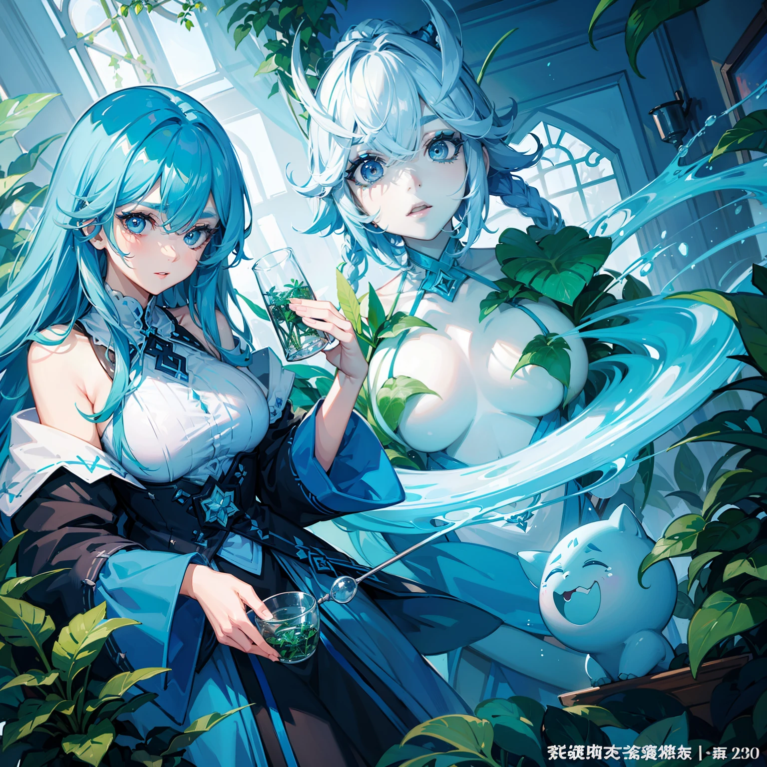 Woman with short light blue hair、Growing Plants with Magic、plant magic、Botanist、research、plant monster、beakers、Sharp Eyebrows、big eye、Dark eyelashes、Blue-based makeup、(highestdetailed)、(Highest image quality 8K)