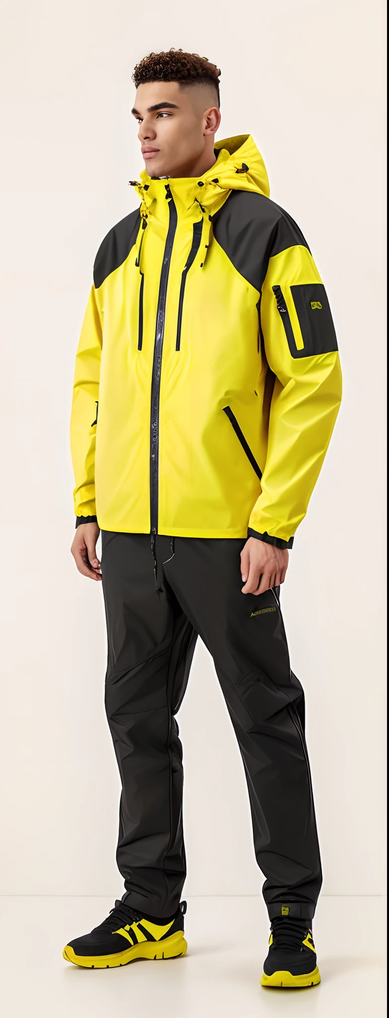 Man in yellow jacket and green pants with backpack, um homem usando uma mochila, usando equipamento de aventura, roupas de caminhada, 🤬 🤮 💕 🎀, Vista de altura total, com uma mochila, saco sobre a cintura, Techwear Look e Roupas, esquema de cores amarelo e oliva, imagem vazada, pano de fundo, trending on r/techwearclothing