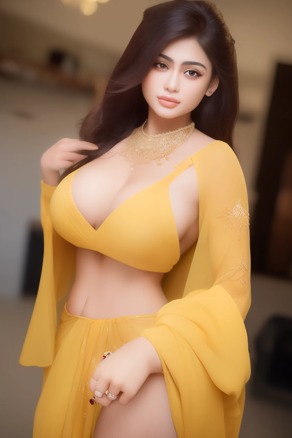 Modelshoot (piumi hansamali 1.3) photo of a vivacious 18-year-old polish supermodel, view, Striking eyes, voluminous wavy black hair, coy expression, lipgloss, wearing intricately detailed Yellow Kimono, looking at viewer, (upper body shot:1.5) Natural lighting, shot using a Leica T in the style of (Daniel Jackson:1.3) High detail, intricate, detailed face, detailed eyes, detailed skin, Shallow Depth of Field, Rustic Background,