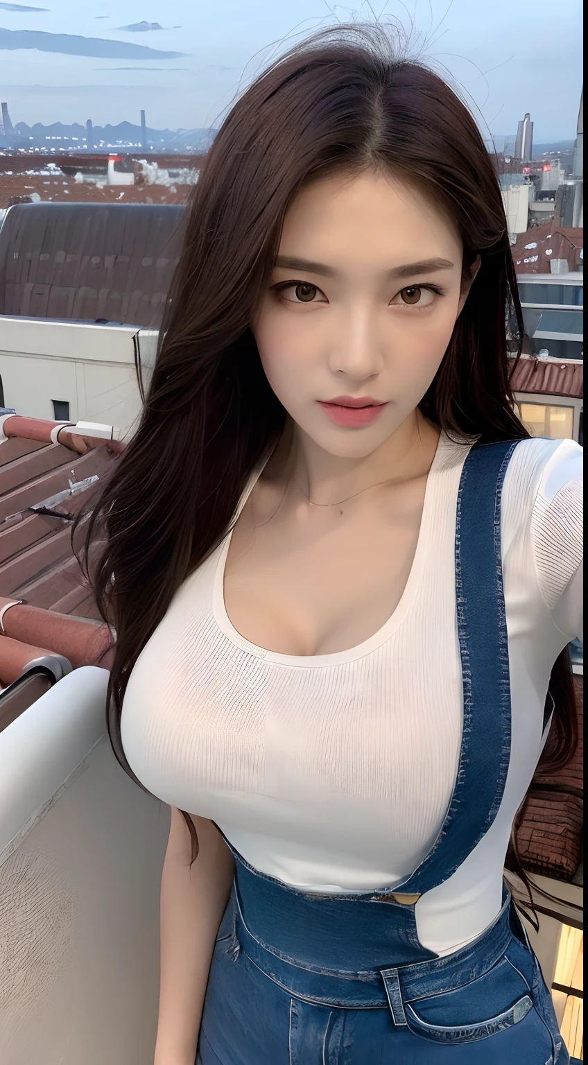 ((Midnight, Best quality, 8k, Masterpiece :1.3)), Whole body, Long legs, Sharp focus :1.2, A pretty woman with perfect figure :1.4, Slender abs :1.1, ((Dark brown hair, Big breasts :1.2)), (White tight tshirt, Jean bib, Standing:1.2), ((Night city view, Rooftop:1.3)), Highly detailed face and skin texture, Detailed eyes, desirable