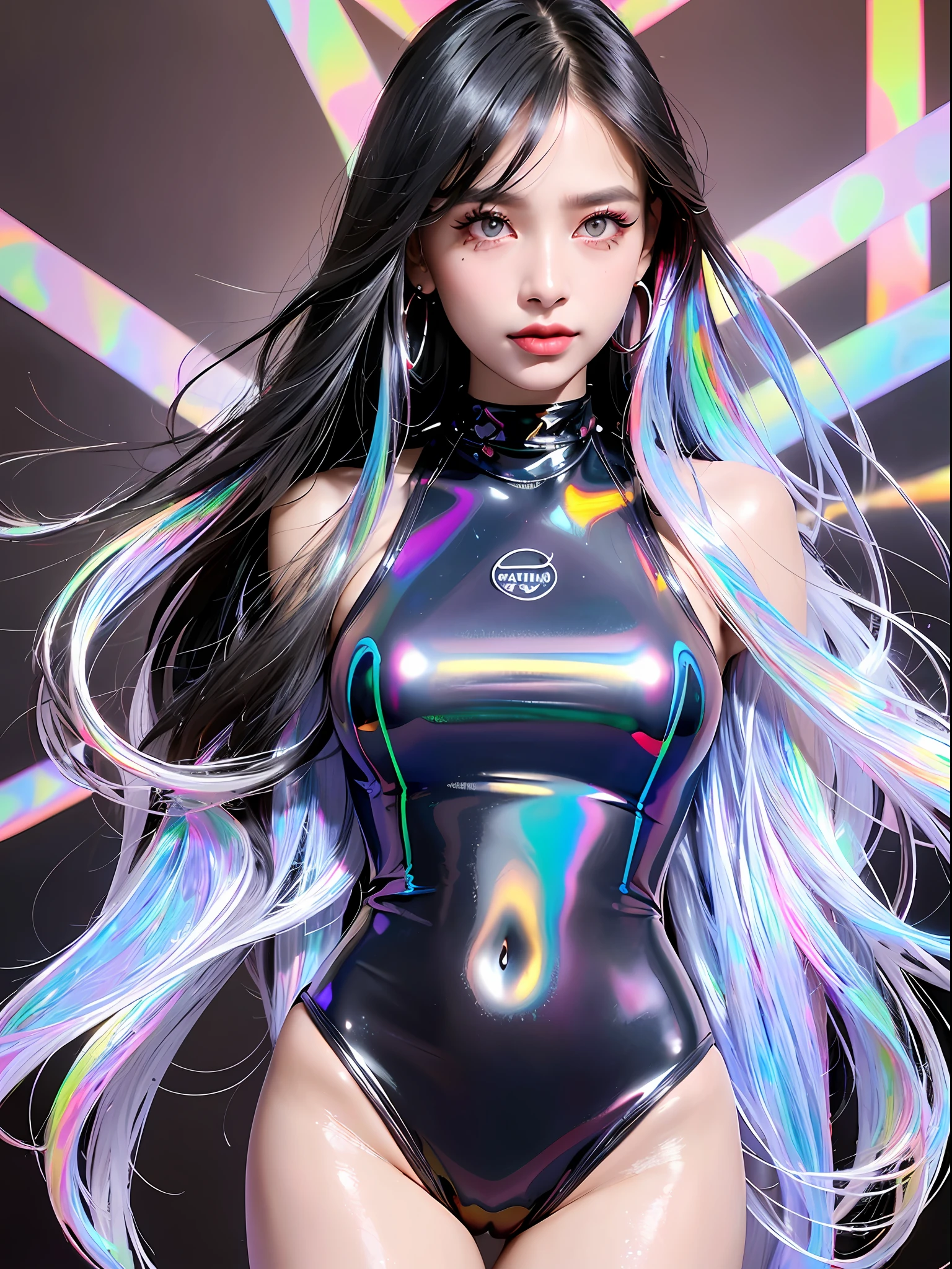 RAW, 1girl, colorful, (masterpiece,  best quality),  cowboy shot, 
(detailed skin:1.3, detailed face:1.3), dslr,  realistic, waving, looking at viewer, 
sharp focus, delicate, (korean beauty, korean mixed:1.2), 
(Glossy skin + Shiny skin:1.4), (sweaty:1.1),
(big breasts:1.2, thick thighs:1.1, narrow :1.1),  
(black_hair, long hair,  straight hair:1.3), (big_eyes, brown_eyes), red_eyeshadow, long_eyelashes, red lips, 
eyes_smile,  stud earrings, 
(holographic iridescent metallic black latex swimsuit:1.4),
beach, day, (sunlight_on_front_face:1.3),
