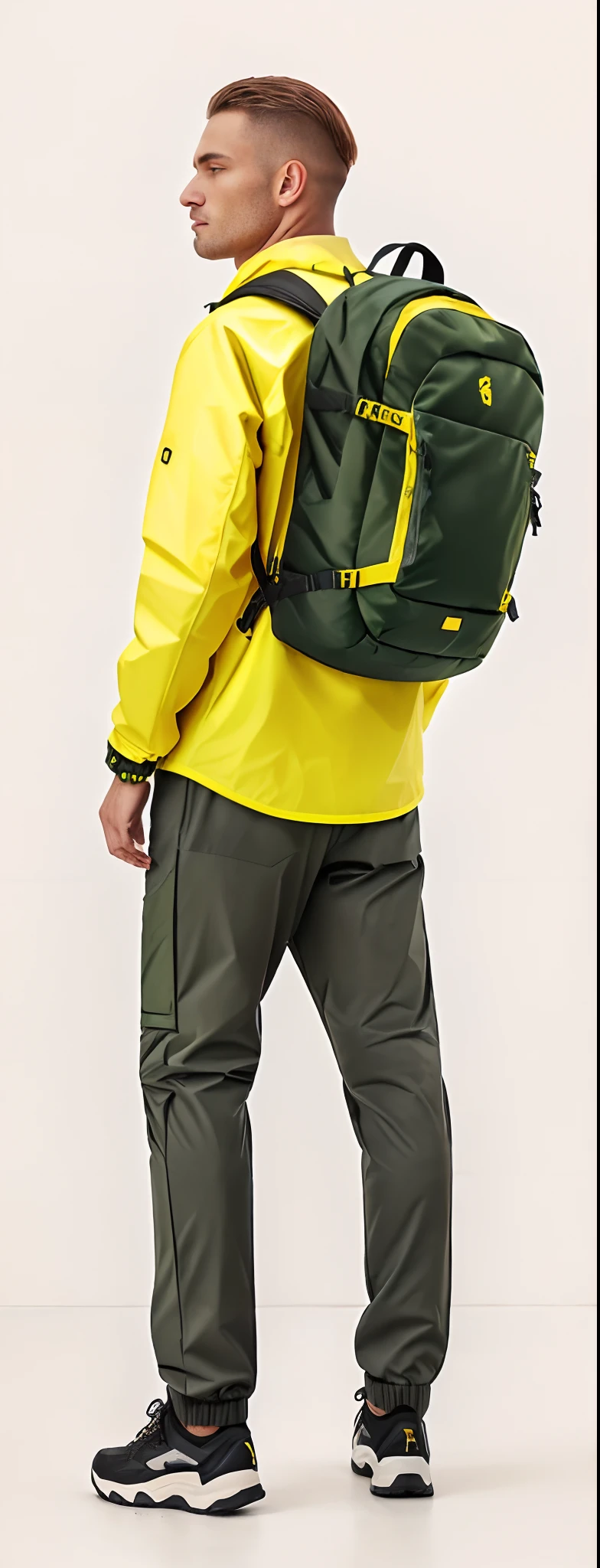 Man in yellow jacket and green pants with backpack, um homem usando uma mochila, usando equipamento de aventura, roupas de caminhada, 🤬 🤮 💕 🎀, Vista de altura total, com uma mochila, saco sobre a cintura, Techwear Look e Roupas, esquema de cores amarelo e oliva, imagem vazada, pano de fundo, trending on r/techwearclothing