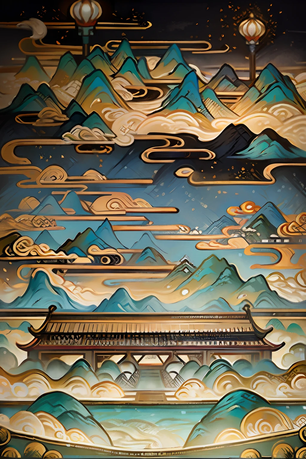 An ancient Chinese painting, ancient Chinese background, mountains, rivers, auspicious clouds, pavilions, sunshine, masterpieces, super detail, epic composition, ultra HD, high quality, extremely detailed, official art, unified 8k wallpaper, Super detail, 32k -- v 6