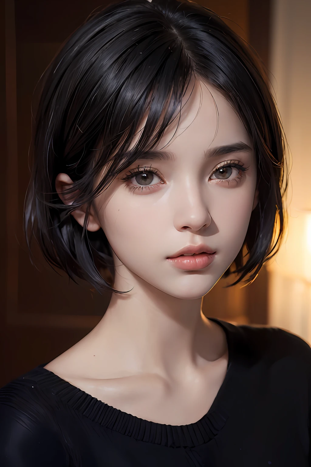 (masterpiece:1.3), (8k, photorealistic, RAW photo, best quality: 1.4), (1girl), beautiful face, (realistic face), (black hair, short hair:1.3), beautiful hairstyle, realistic eyes, beautiful detailed eyes, (realistic skin), beautiful skin, (sweater), absurdres, attractive, ultra high res, ultra realistic, highly detailed, golden ratio