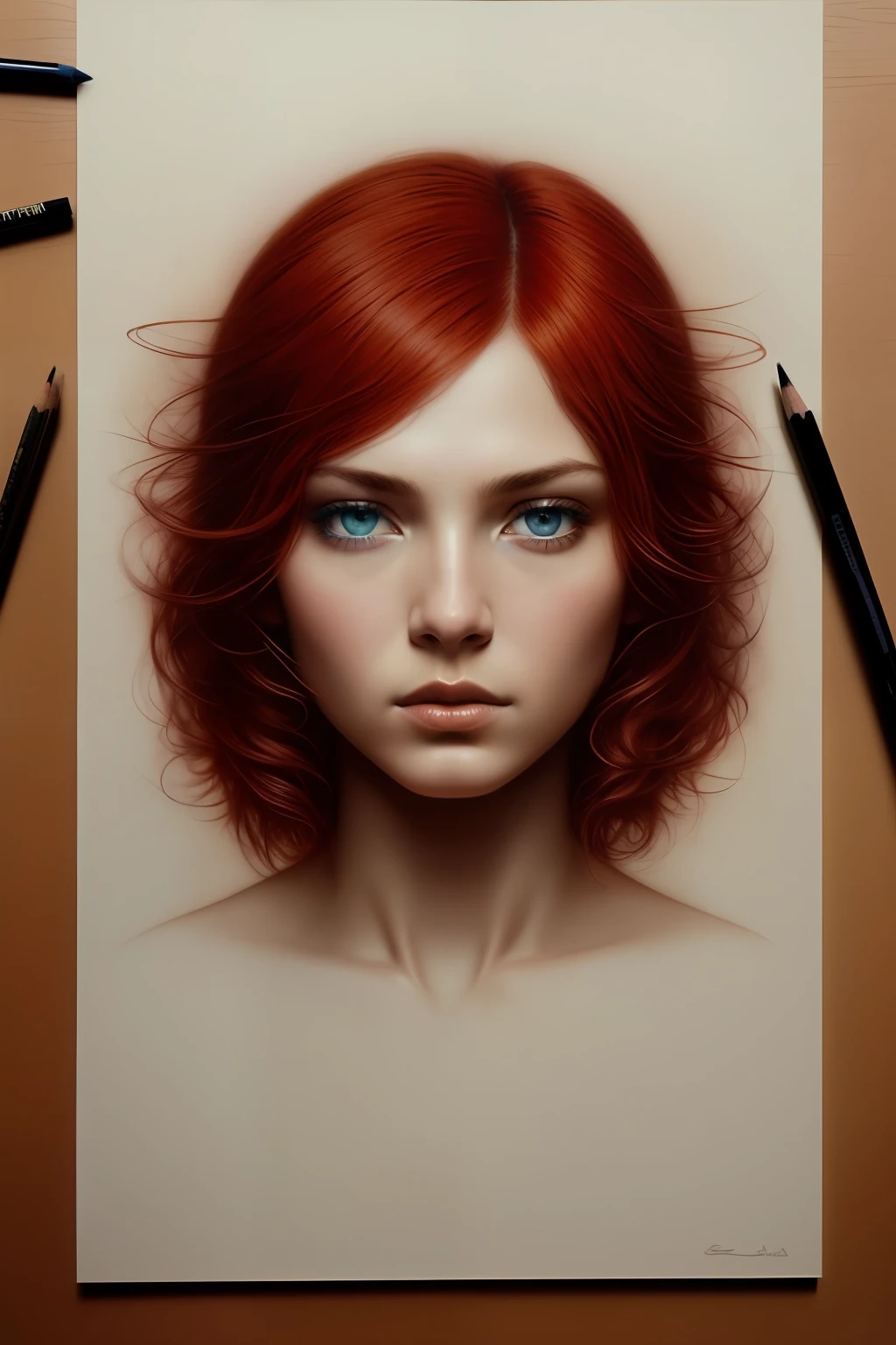 intricate pencil sketch mugshot of adult star, natural skin texture, blue eyes, (red hair translucency:1.2), sss Tom Bagshaw, Zdzislaw Beksinski, Yoshitaka Amano, Raffaello Ossola, Martin Wittfooth, Luigi Spano, Vladimir Kush :: stunning interpretive visual