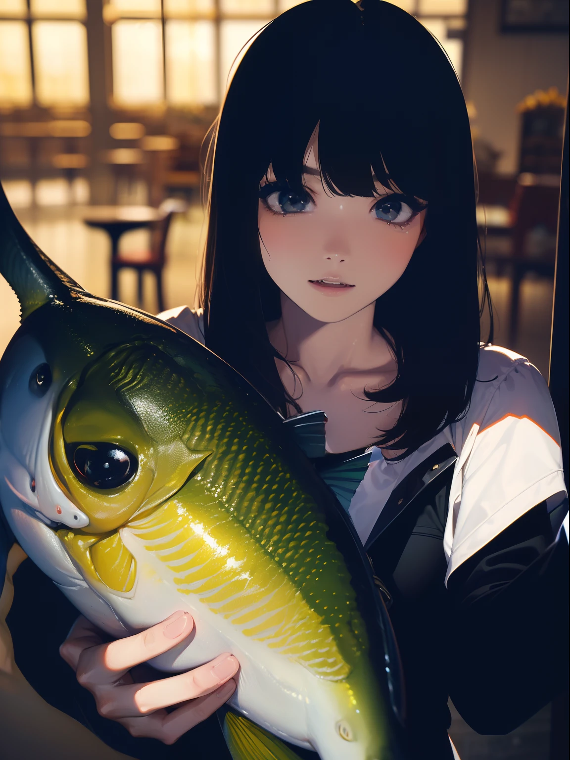((((Holding a big fish by the lakeside)))),((Best Quality, masutepiece :1.3)),((( Large Mouth Bass))),hight resolution,ultra-detailliert,Beauty and aesthetics,​masterpiece,best qualtiy,(1 Japanese woman),Black hair, long eyeslashes, Solid Circle Eyes, deadpan, drop shadow, Atmospheric perspective,Super Detail, ccurate, small brest,(Black jacket :1.1),top-quality, absurderes:1.2, blurry backround, bokeh dof:1.2, a picture, (​masterpiece:1.3), (intricate detailes:1.2), Atmospheric perspective,Super Detail, ccurate,