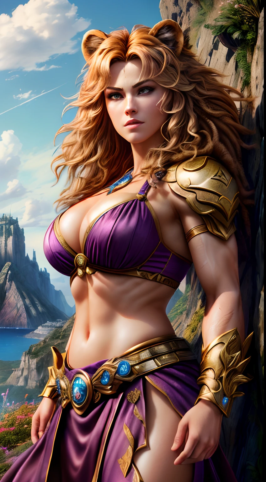 muscle, female, (lion head:1.0), furry, big breasts, dressed as a princess standing on a cliff with flowers behind her, clouds in the sky, photo, realism, cgi, (fighting pose:1.2), tekken, eye glow, red hair, (baki:1.2), purple eye, teeth, (steam:1.0), high detail, castle, masterpiece, (HDR)(wallpaper)(movie lighting)(sharp focus), masterpiece, best quality, (extremely detailed CG unity 8k wallpaper), (best quality), beautiful face, high res, highly detailed