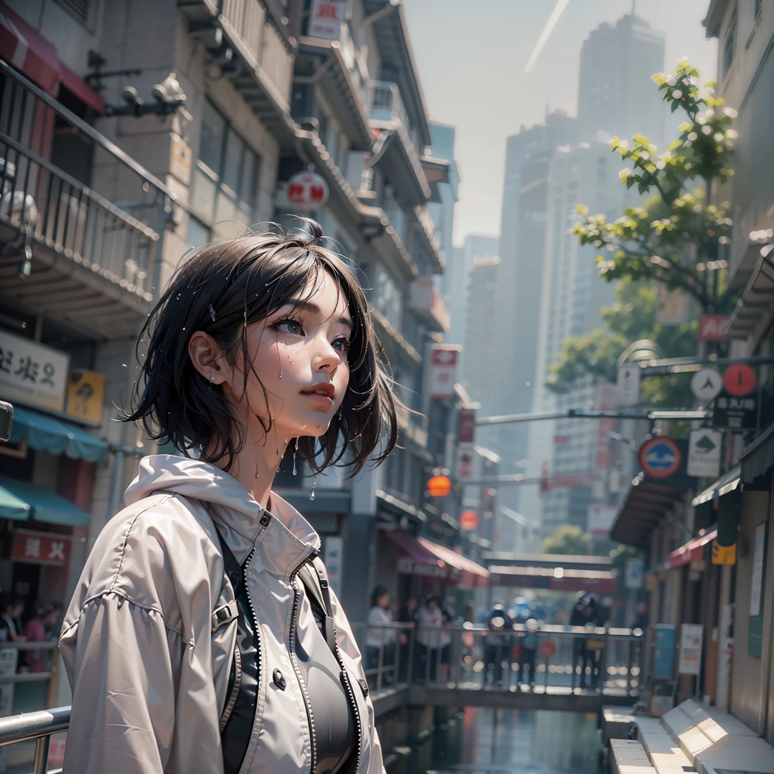 A Japanese woman walking in the city,Buildings,A plant,ssmile,Mixed Korean,The background is blurred out,focal,电影灯光,(((tmasterpiece))), ((best qualtiy)), ((Complex and detailed)), ((ultra-realistic realism)), Ridiculous resolution, A MILF, Mature woman, ssee-through, highly detailed, illustratio, 1girll, (huge tit), Thin waist and thick hips,long leges,beatiful detailed eyes, short detailed hair, brunette color hair, a purple eye, (wet suit:1.2),wet suit,Wetsuit,Shark pants,Diving shoes,oxygen masks,Diving goggles,Oxygen tubes,bathing suit,Waterproof clothing,Lace,gossamer,obi strip,Battle pack,Multifunctional belt set,Leggings bag,Back oxygen cylinder,intercom,(underdressing), pantiess, detailed back ground, perfect eyes, Seductive eye, looking at viewert, From the front,Wear light,