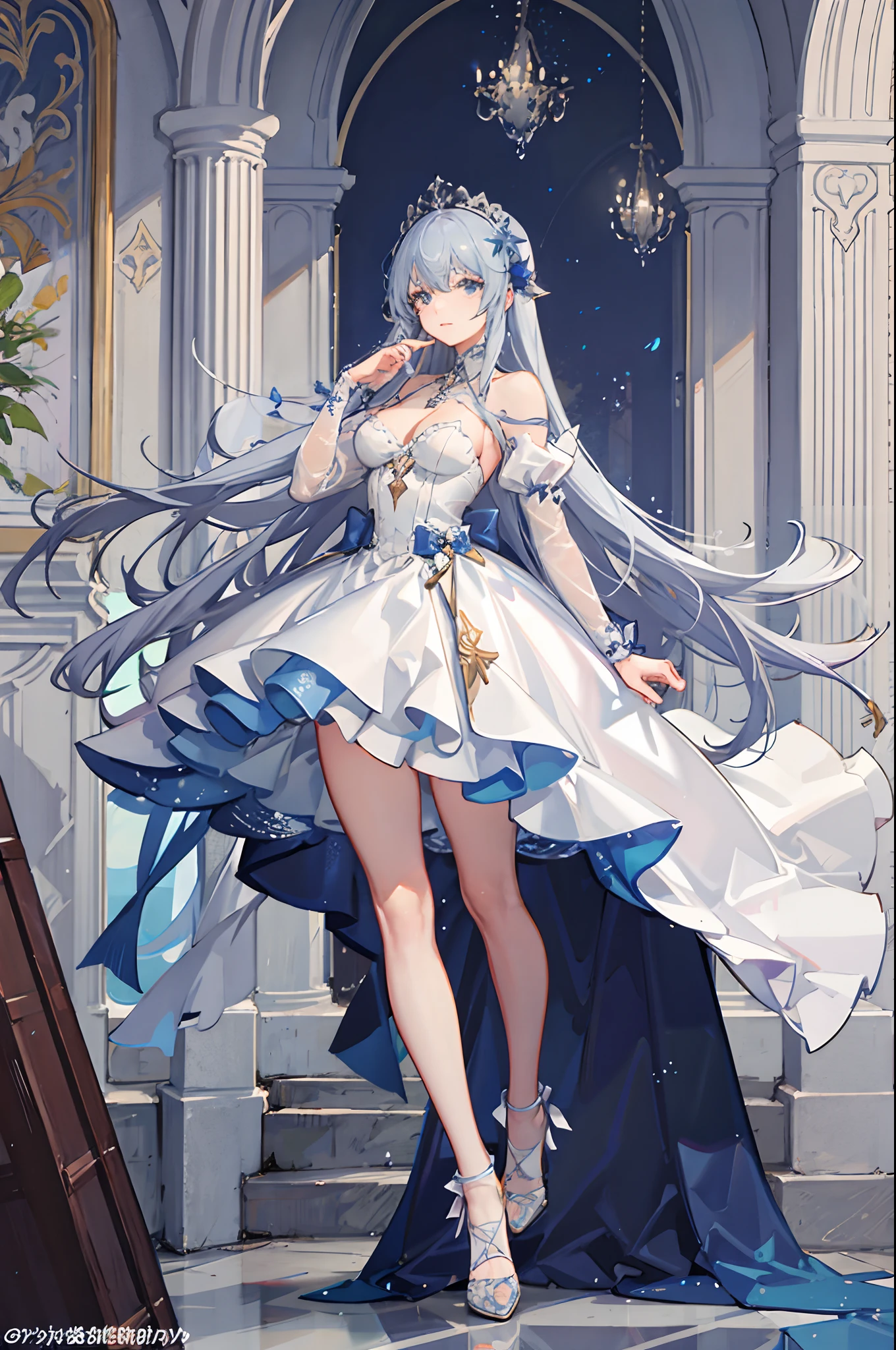 1 girl in、Long gray hair、Longhaire、Blue eyes、Beautiful eyes、Jewel Eyes、delicated face、Delicate and fine、White long dress、Fluffy skirt、Plump sleeves、frilld、European style dresses、White long dress、(Gentle Pose)、beatiful lights、blue open sky、Particles of light、A mottled light hits the girl、((full bodyesbian))、Standing Picture、((Masterpiece Highest Quality:1.2))