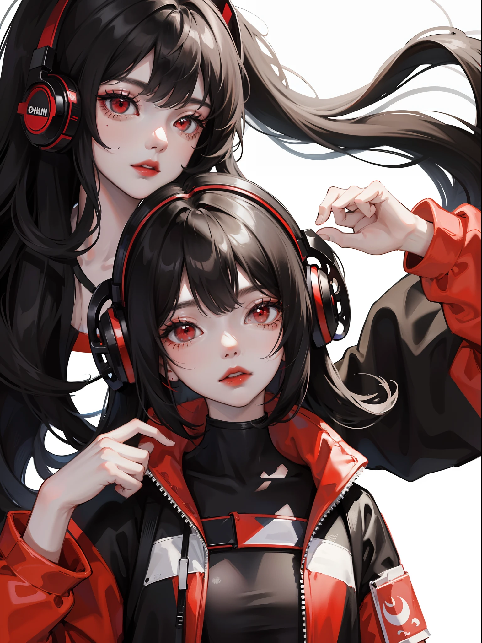 Close-up, anime girl, black hair, red eyes, black white and red techwear clothes, black white and red headphones