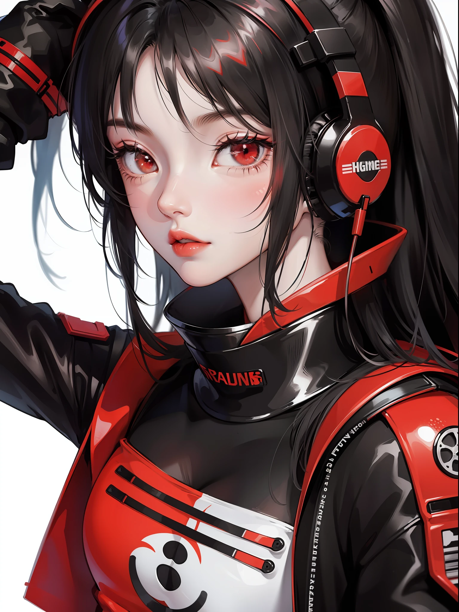 Close-up, anime girl, black hair, red eyes, black white and red techwear clothes, black white and red headphones