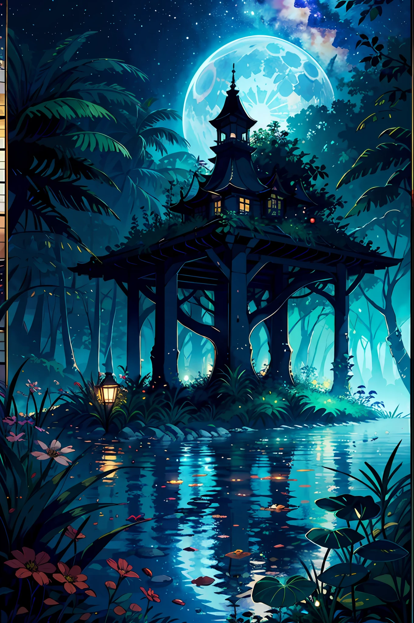 Unmanned benches by the river,Girl beautiful sitting on bench looking at the stars,The starry sky is gorgeous,big breasts beautiful,large moon,the night,darkly,jungles,critters,green color,Milky Way Starry Sky