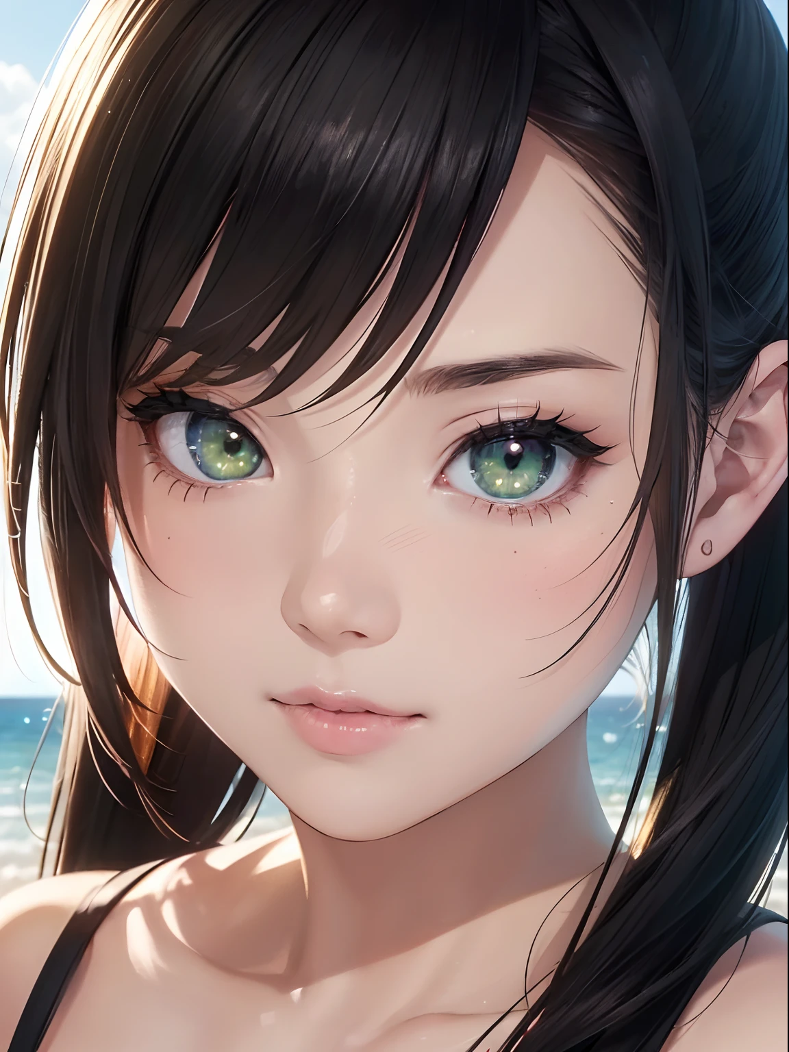 NFSW, 1 Lady, Face, (((1 Lady:1.37, Solo))), (((Close-up of the face))), (Beautiful face, Cute face, Detailed face), ((( Black hair, Semi-long hair, Hair pulled back, side poneyTail))), (((Detailed beautiful green eyes))), BREAK, (((Sunny))), (((in beach))), extremely detailed CG unified 8k wallpaper, very fine 8KCG wallpaper, anime moe art style, Anime visuals of cute girls, anime style portrait, In an anime style, Beautiful anime, 8K Anime Art Style, In anime style、8K animation with detailed drawings, (masterpiece, Best Quality), High resolution, Ultra-detailed, ultra-sharp, Cinematic lighting