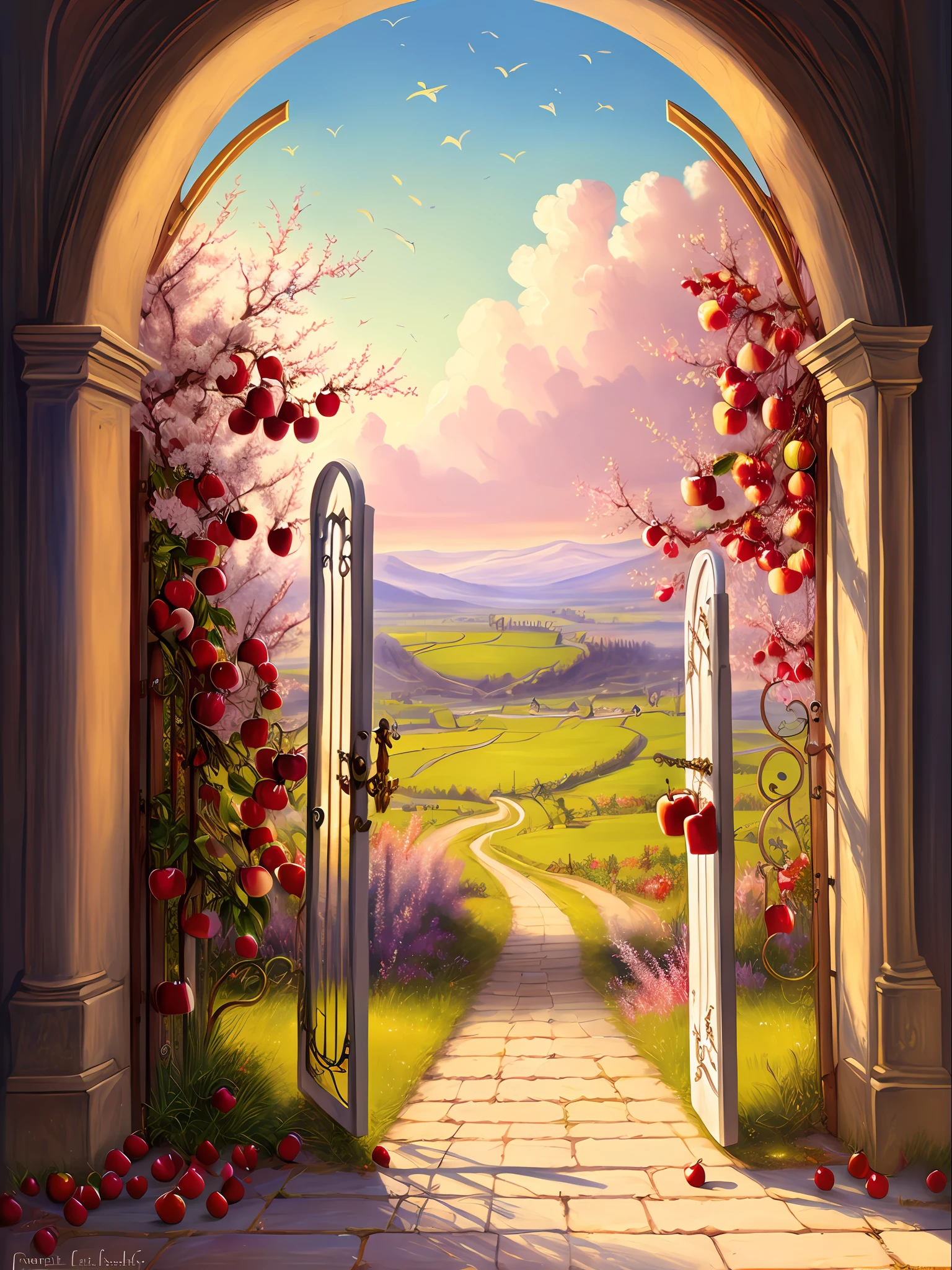 Draw a door to the beautiful scenery of the apple, fairy tale style background, A beautiful artwork illustration, blossoming path to heaven, whimsical fantasy landscape art, scenery art detailed, lindo cenario, background artwork, beautiful render of a fairytale, magic doorway, landscape artwork, royal garden background, heaven gate, Medieval fantasy landscape, heaven gate, Fantasy art landscape