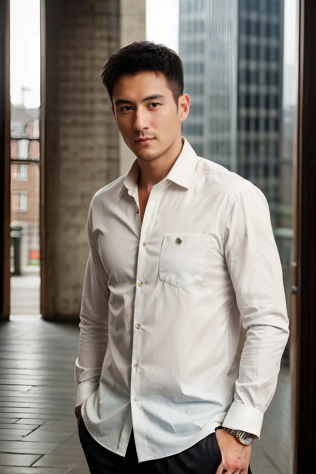 1man,A 30-year-old muscular man,Wear a long-sleeved white shirt and tie,full bodyesbian,leather shoes,gentlesoftlighting,tmasterpiece,best qualtiy,8K UHD,digital SLR camera,filmgrain,Midjourney and greg rutkowski's Fujifilm XT3 realistic painting art