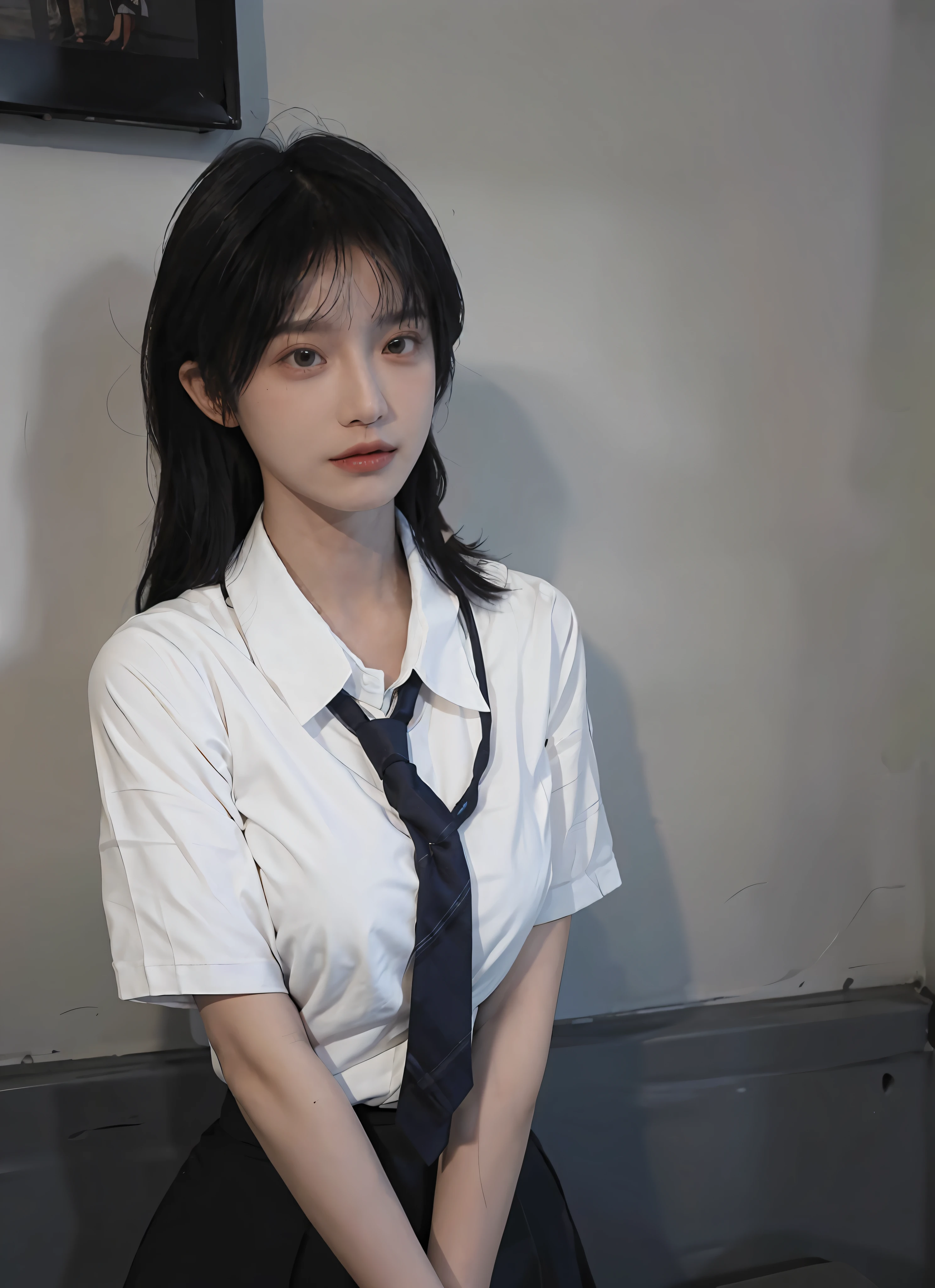 Best quality,masterpiece,ultra high res,(photorealistic:1.4),1girl,sexy,(shirt and tie:1.2),(bra:1.2),(large breast:1.3),(upper body:1.4)
