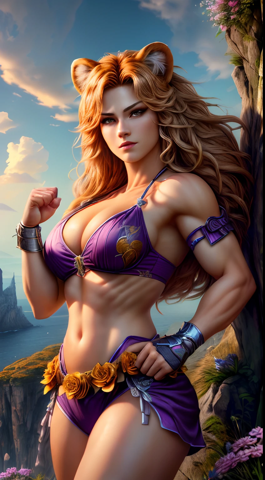muscle, female, (lion head:1.0), furry, big breasts, dressed as a princess standing on a cliff with flowers behind her, clouds in the sky, photo, realism, cgi, (fighting pose:1.2), tekken, eye glow, red hair, (baki:1.2), purple eye, teeth, (steam:1.0), high detail, castle, masterpiece, (HDR)(wallpaper)(movie lighting)(sharp focus), masterpiece, best quality, (extremely detailed CG unity 8k wallpaper), (best quality), beautiful face, high res, highly detailed, beautiful face, beautiful body