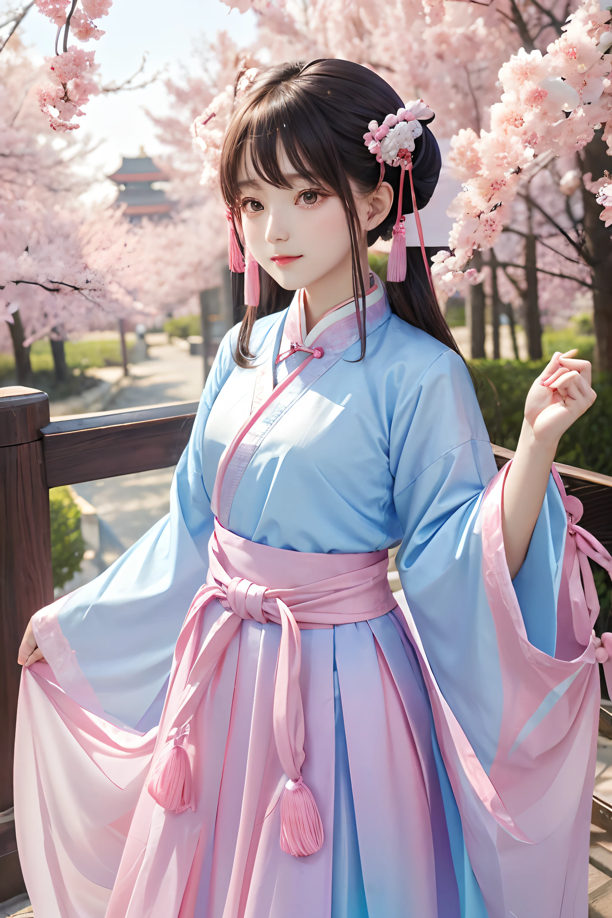 Hanfu，Chinese soft cute girl，Pink top，Lower skirt powder blue gradient，Tassels at the side waist，flowy，The skirt is six meters，chiffon fabric，The top is unbuttoned