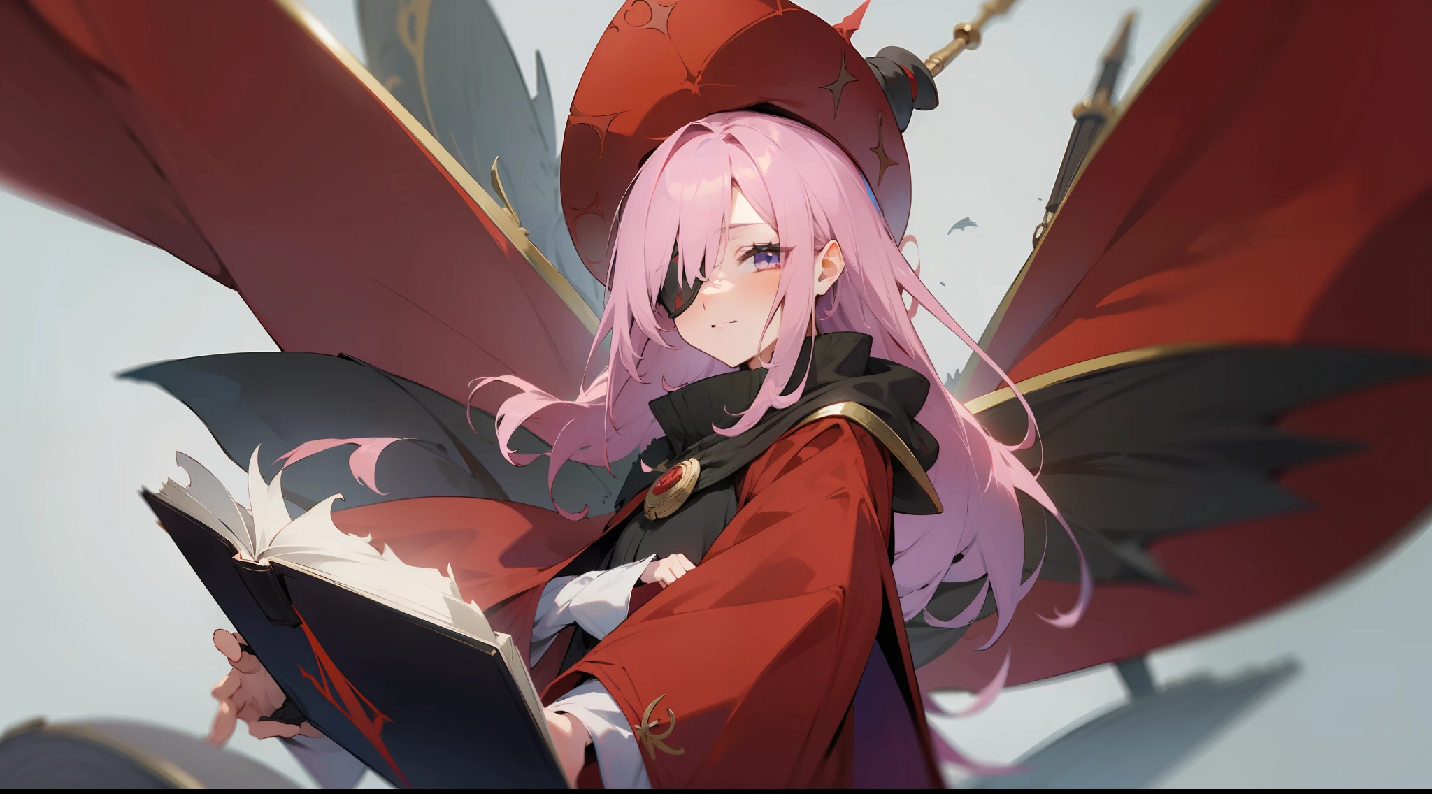 Dragon girl in red magic suit, Sorcerer's hat, Eye patch for one eye, Sorcerer's Wand, The magician's magic book, Whole body
