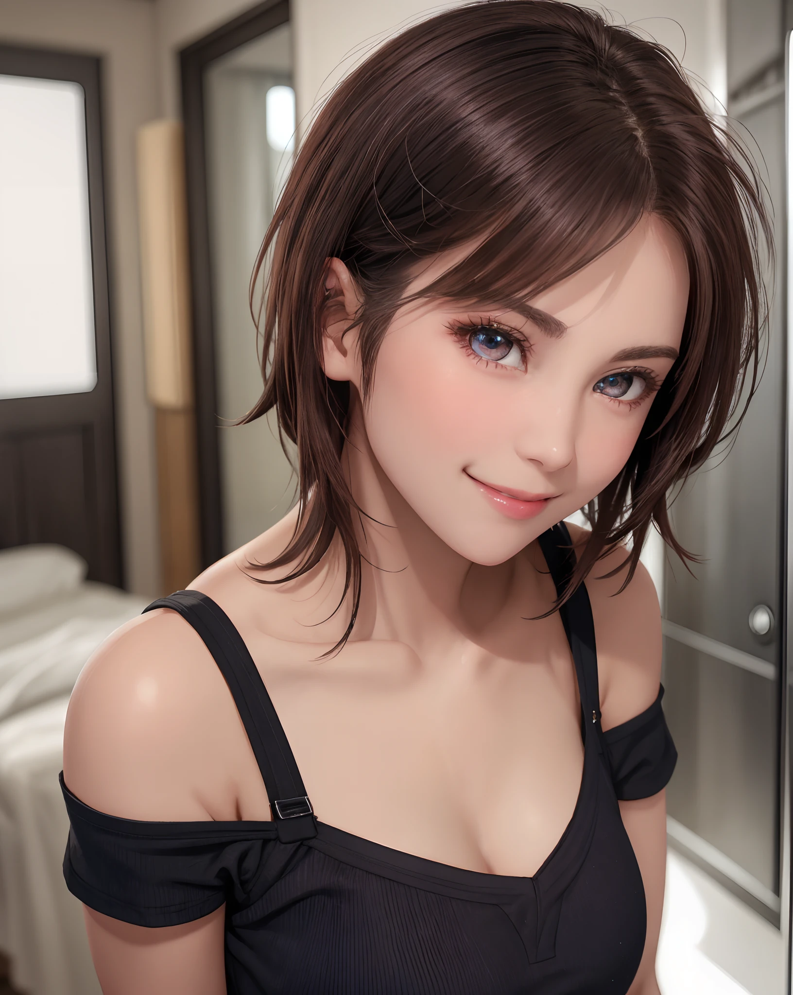 Best Quality, Ultra High Resolution, (Photorealistic: 1.4), Beautiful Eyes, Super Beautiful, Very Short Hair, Beautiful, Sweetheart, T-shirt with Rough Chest, Beautiful Soldier, Eyes That Invite Viewer, Lover's Perspective, Inviting Expression, Sexy Smile, Perfect Style, Perfect Balance, Detailed Skin, Naughty Gaze, Chest Visible