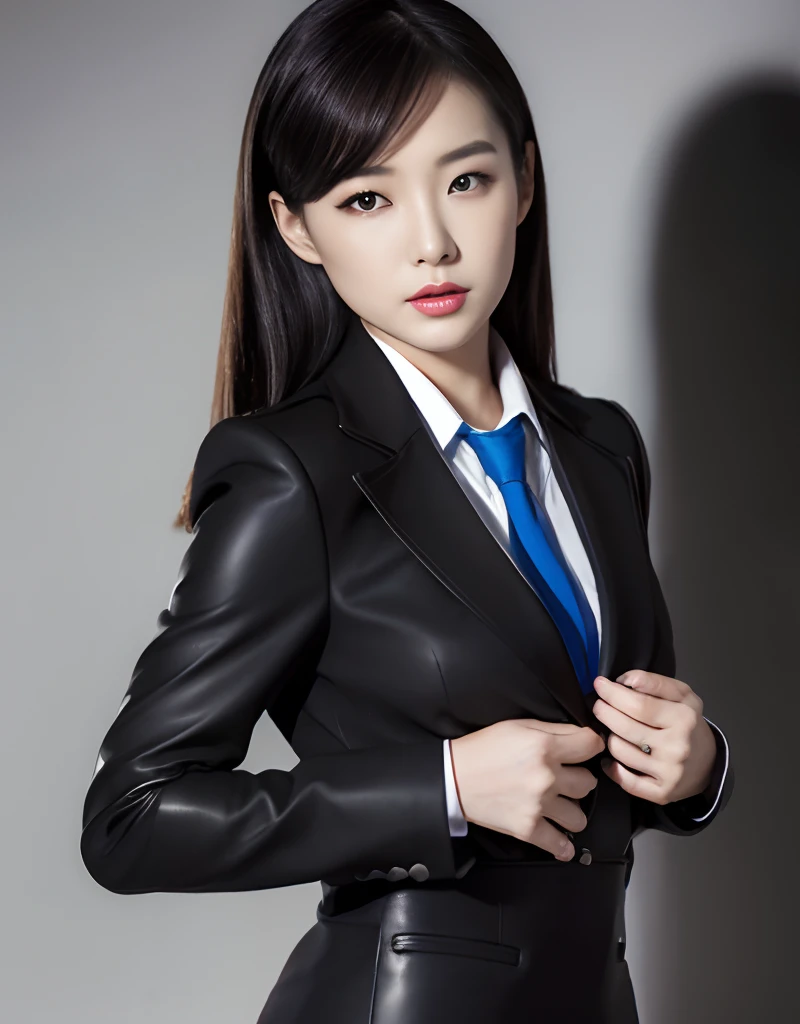 A South Korean flight attendant in her 20s, smokey eye shadow, red high heel pumps, Black pantyhose, Hold a leather folder in the aisle, Huge size, Detailed face. (8K, Best quality: 1.2), (Masterpiece, Photorealistic: 1.3), Super detail, Anatomically correct