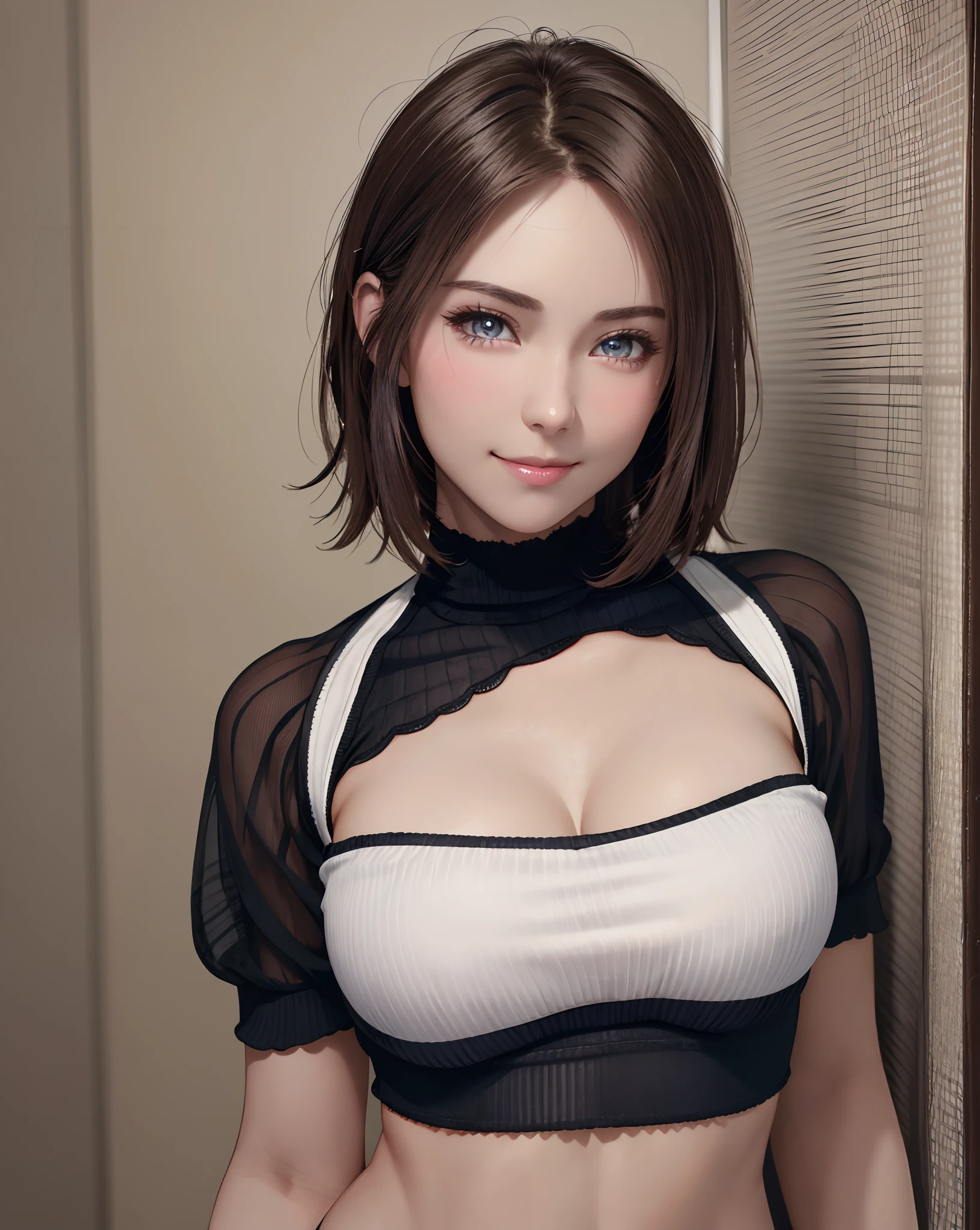 Best Quality, Ultra High Resolution, (Photorealistic: 1.4), Beautiful Eyes, Super Beautiful, Very Short Hair, Beautiful, Sweetheart, T-shirt with Rough Chest, Beautiful Soldier, Eyes That Invite Viewer, Lover's Perspective, Inviting Expression, Sexy Smile, Perfect Style, Perfect Balance, Detailed Skin, Naughty Gaze, Chest Visible