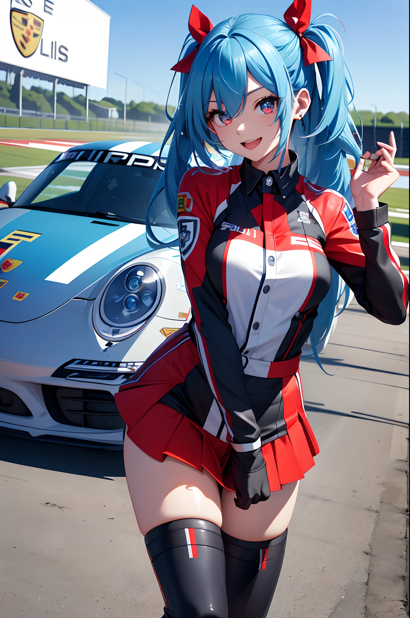 (top-quality、raw、in 8K、32K、masterpiece、nffsw、ighly detailed、Photorealsitic:1.2)、Full body, (Circuit field、sports car on the background、Porsche 911:1.6)、sunlights、deep-shadows、Realistic pupils、Sharp pupils、detailed faces and eyes、beauitful face、18Old Beautiful Girl、shinny skin, Beautiful blue hair、Twin-tailed、Red Eyes、beauitful face、Japan Grand Prix Race Girl、a miniskirt、Wearing boots、Tie your hair with a big red ribbon、Curve、dynamicposes、Opens mouth and laughs、PastelColors、