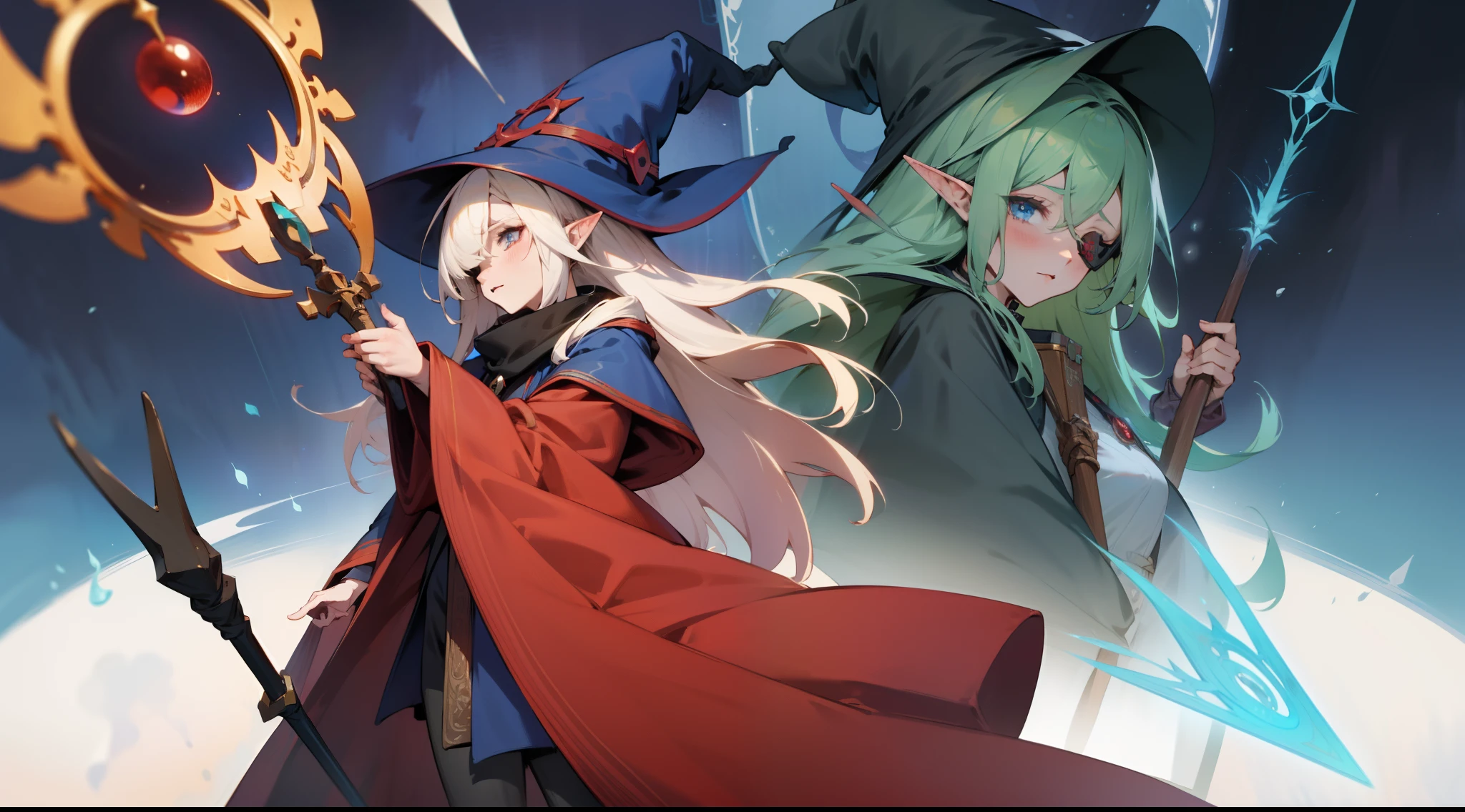 Elven girl in red magician's clothes, witch's hat, eyepatch on one eye, witch's staff, witch's magic book, whole body