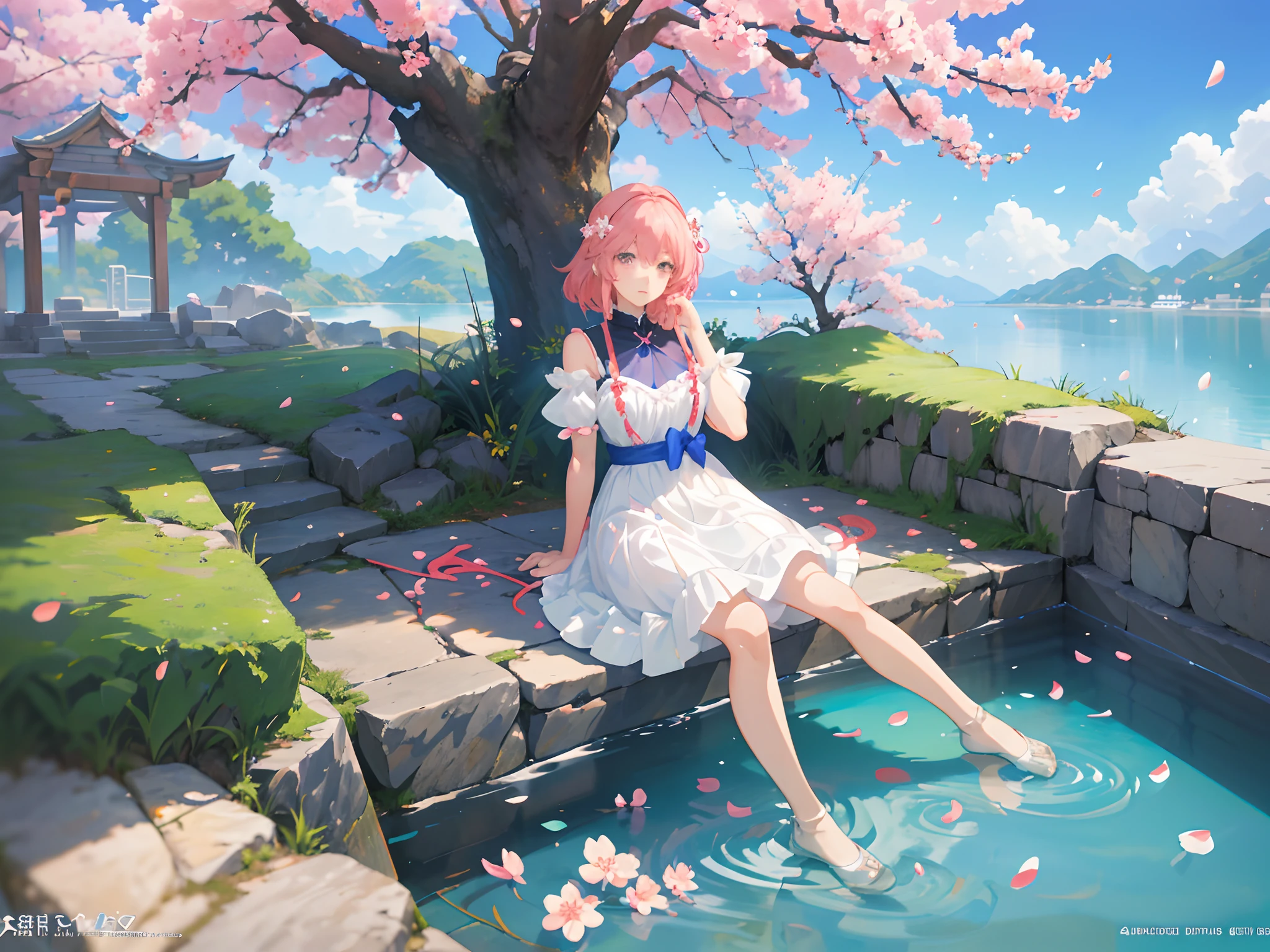 Anime girl sitting in pool in white dress, an anime drawing inspired by Eizan Kikukawa, pixiv contest winner, Fantasy art, sakura petals around her, Guweiz in Pixiv ArtStation, trending on artstation pixiv, Guweiz on ArtStation Pixiv, flowing sakura-colored silk, Digital art on Pixiv