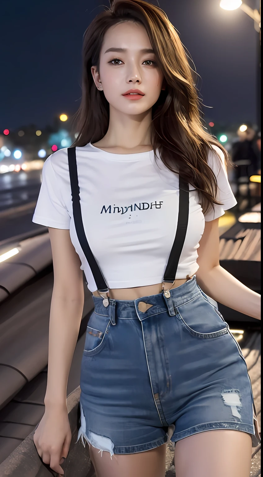 ((midynight, Need, 8k, tmasterpiece:1.3)), full bodyesbian, Long legs, Focalors:1.2, perfect figure beautiful woman:1.4, Slim abs:1.1, ((Dark brown hair, huge tit:1.2 )), (white tight t-shirt, Denim suspenders, standing on your feet:1.2), ((city night scene, the roof:1.3)), Highly detailed facial and skin texture, A detailed eye, 二重まぶた，seductiv