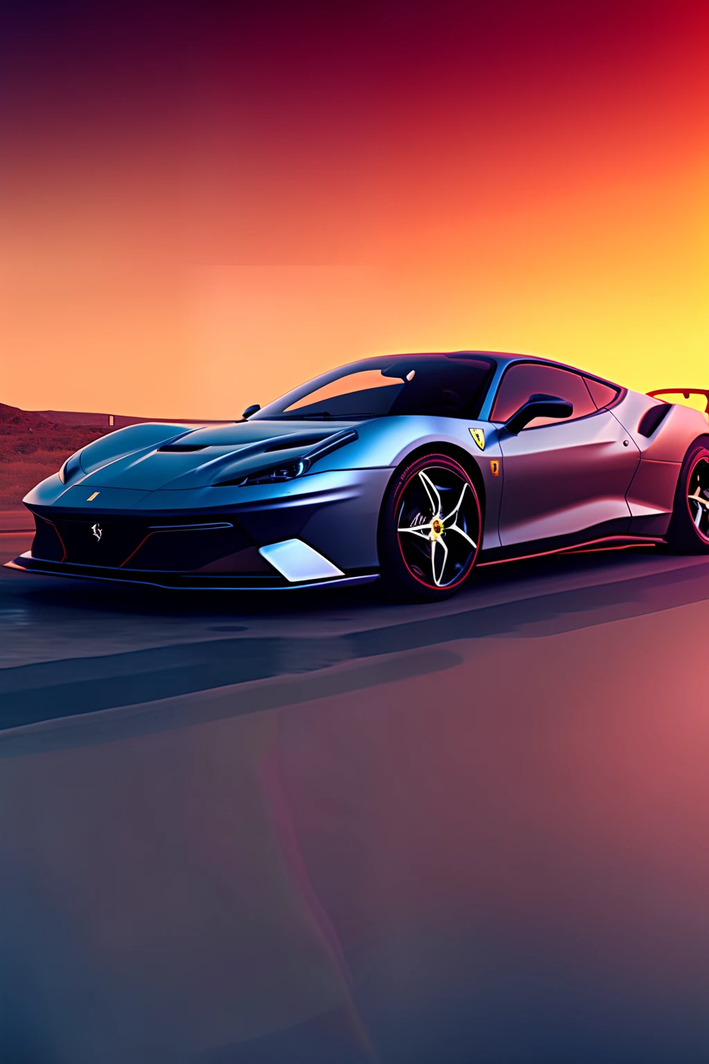 a matte dark silver Ferrari car on a sunset black background, sunset background, black and matte dark elektric blue and matte dark lime green light, silver wheels, ctane 3d rendered, car concept art, car concept, 3d high octane render, gorgeous 3d render, glass and metal: peugot onyx, rolands zilvinskis 3d render art, octane ray tracing