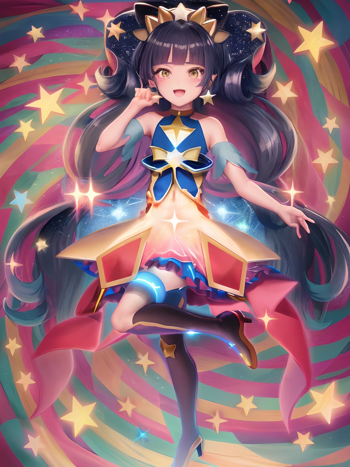 Cartoon boy with long hair and stars on his head, Cute, Official art, !!Full body portrait!!, official artwork, marin kitagawa fanart, Sparkling Magical Boy, Beautiful, Ultra Mega Super Hyper Beautiful, golden aura, Official Character Art