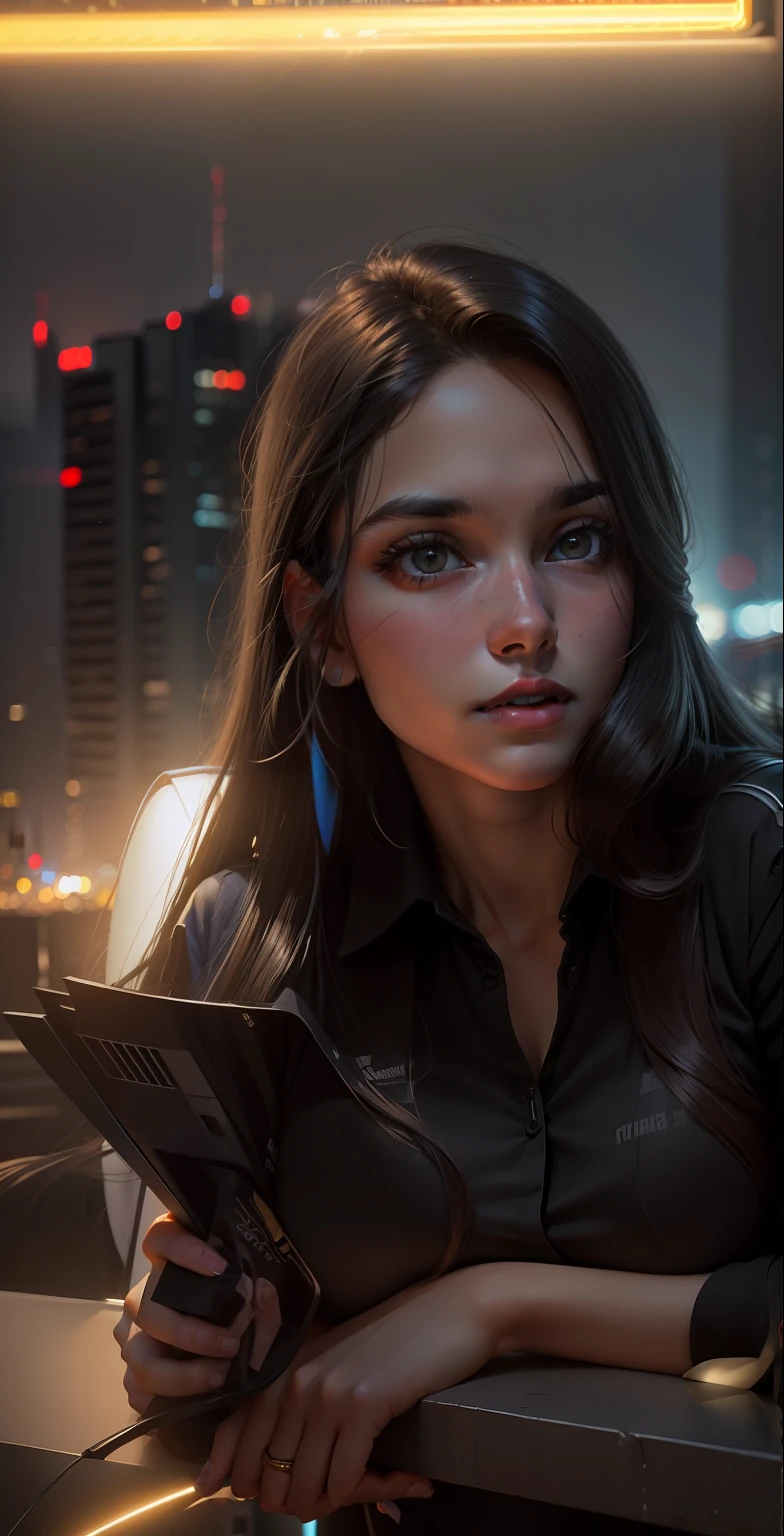 (8k, RAW photo, best quality, masterpiece: 1.2), (realistic, photorealistic: 1.37), 1 girl, Brazil, 24 years old, female, beautiful face, straight long hair, black hair, São Paulo cityscape, night, professional lighting, photon mapping, radiosity