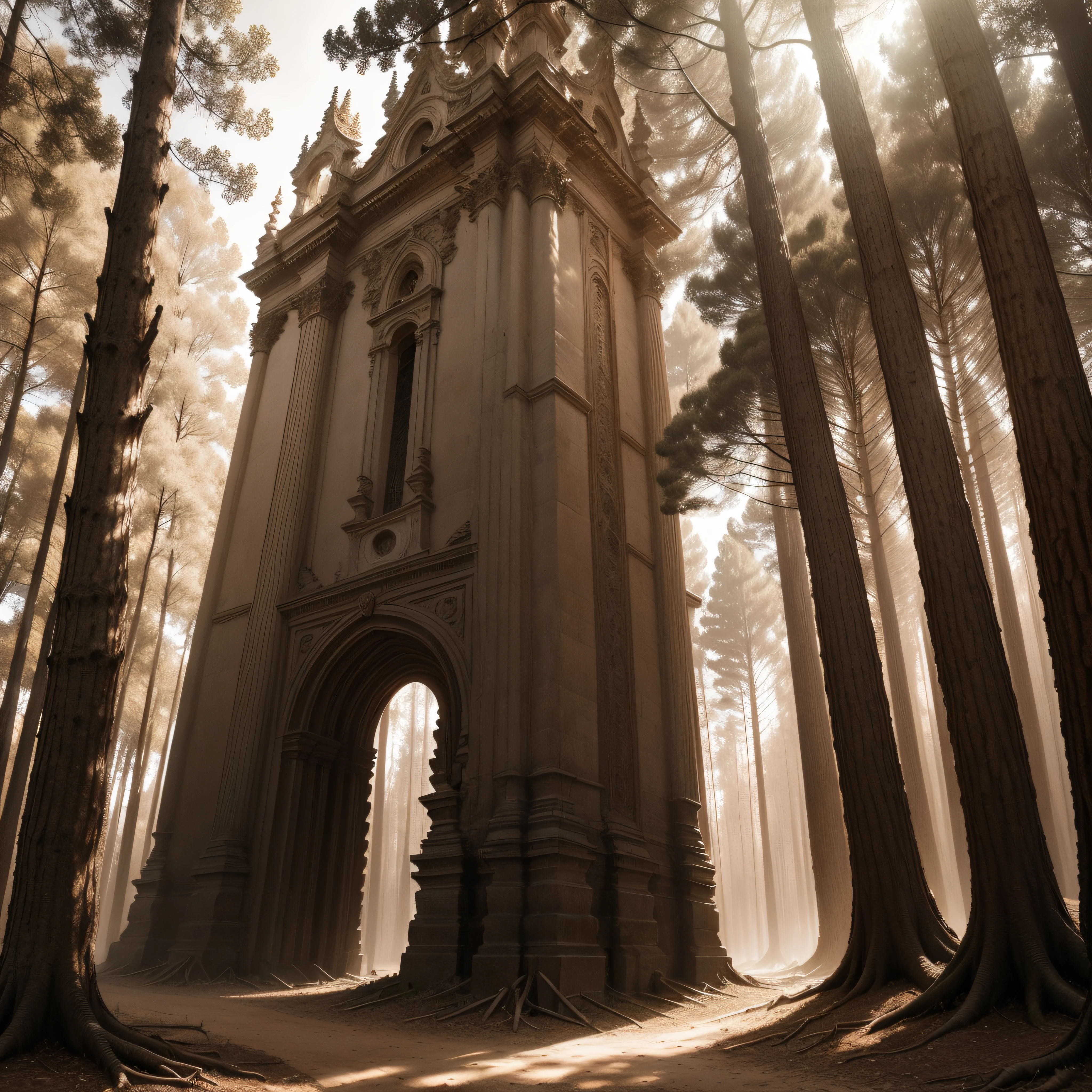 (extremadamente detallado, obra maestra, La mejor calidad, Tono sepia) bosque enorme, Trees with a human face, ruinas. Daytime Lighting.