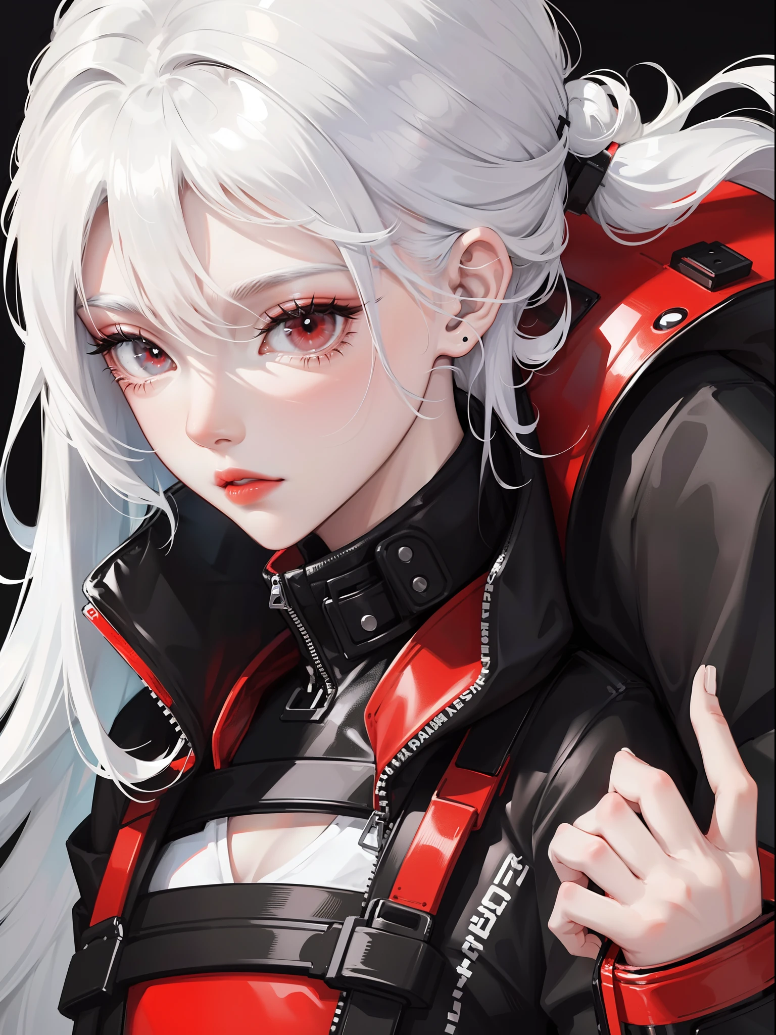 Close-up, anime girl, white hair, black eyes, black white and red techwear clothes, black white and red accessories