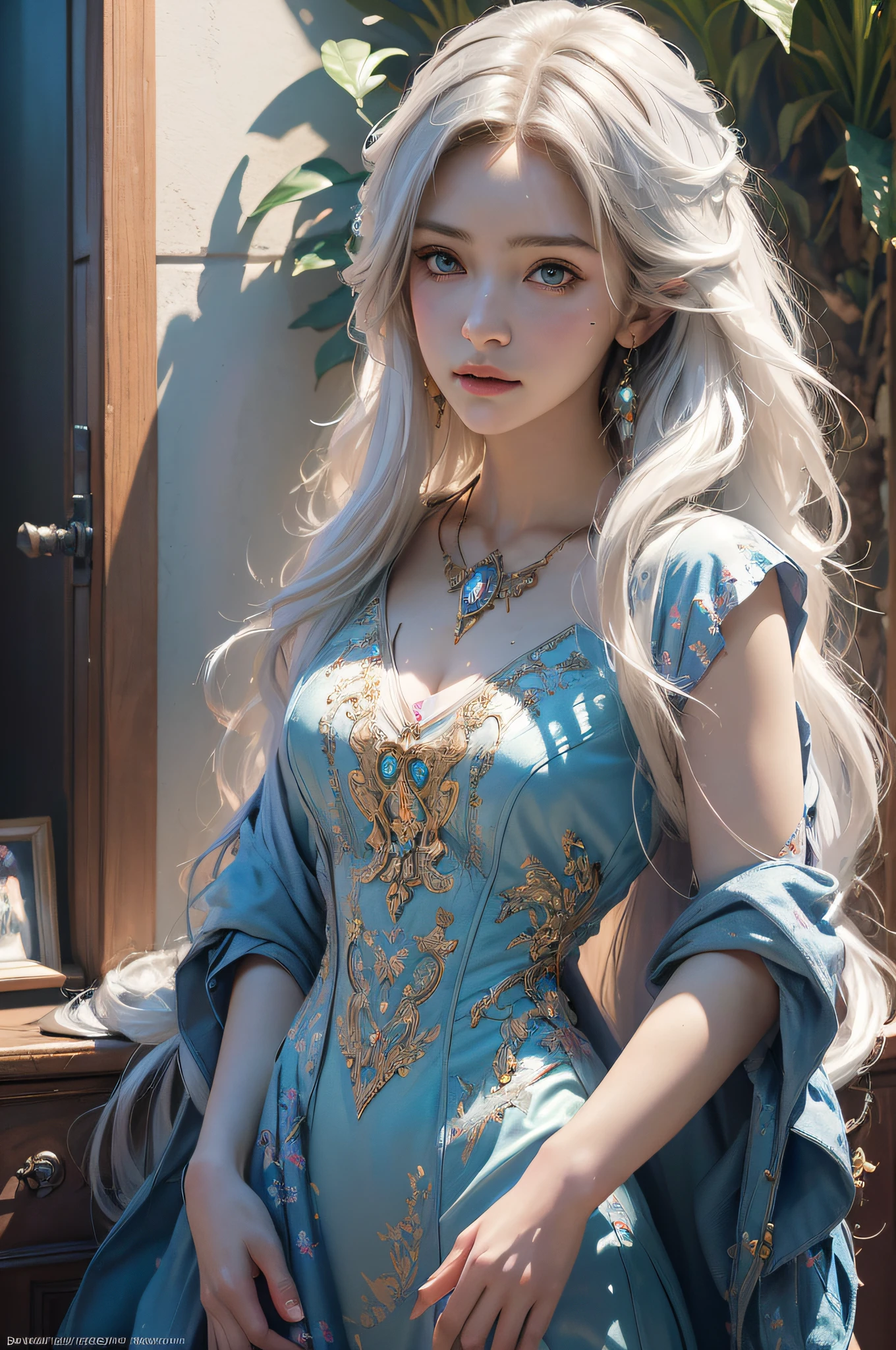 Hyperrealist portrait of female by david hockney and alphonse mucha,fantasy art, photo realistic, dynamic lighting, artstation, poster, volumetric lighting, very detailed faces, 4 k, award winning,, 1girl, in the dark, deep shadow, low key,cowboy shot,(official clothing:1.4) ,long hair,white hair,