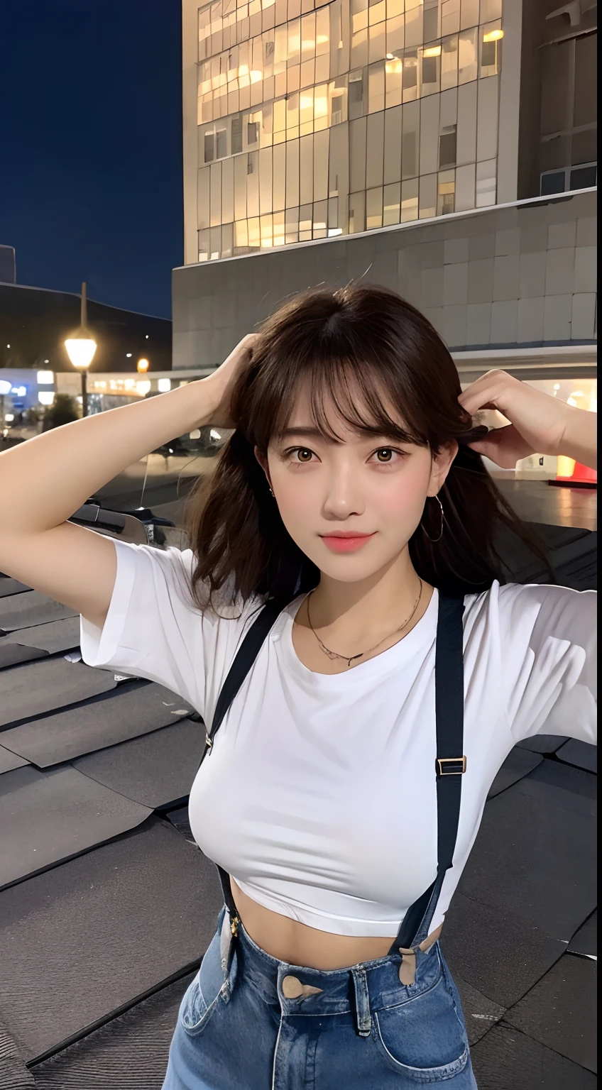 ((midynight, Need, 8k, tmasterpiece:1.3)), full bodyesbian, Long legs, Focalors:1.2, perfect figure beautiful woman:1.4, Slim abs:1.1, ((Dark brown hair, huge tit:1.2 )), (white tight t-shirt, Denim suspenders, standing on your feet:1.2), ((city night scene, the roof:1.3)), Highly detailed facial and skin texture, A detailed eye, 二重まぶた,cum on facial