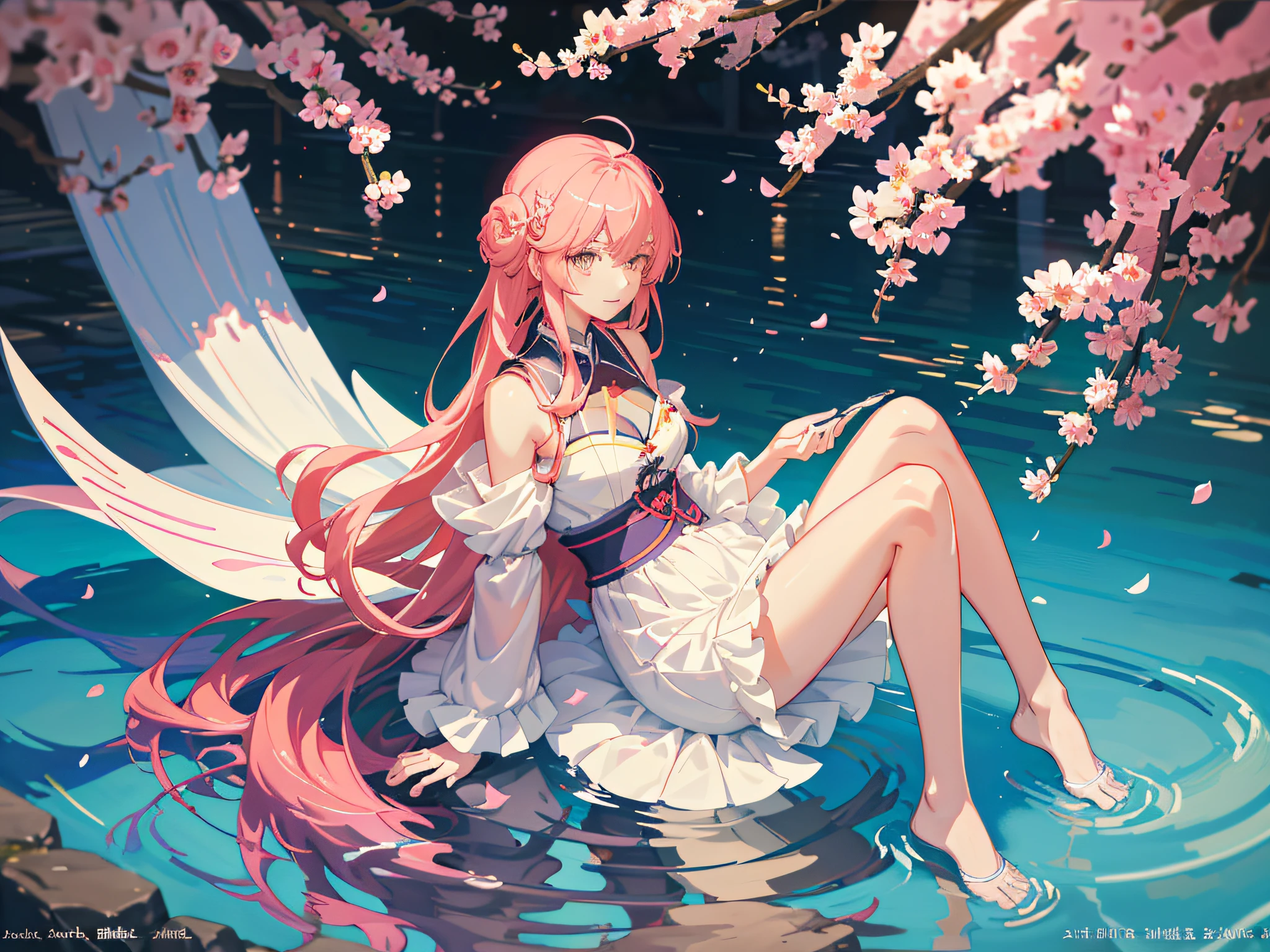 tmasterpiece,best qualtiy,the detail,1girll,closeup cleavage,brightly,lineworks,cheerfulness,intriguing,Clothing is transparent,Anime girl sitting in pool in white dress, an anime drawing inspired by Eizan Kikukawa, pixiv contest winner, Fantasy art, sakura petals around her, Guweiz in Pixiv ArtStation, trending on artstation pixiv, Guweiz on ArtStation Pixiv, flowing sakura-colored silk, Digital art on Pixiv