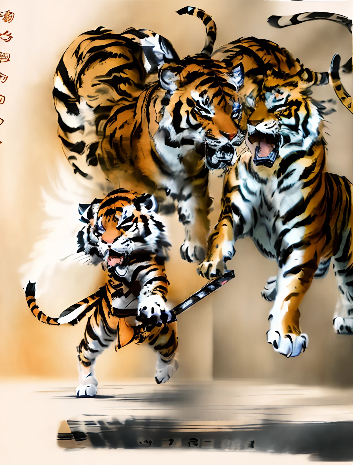 there are three tigers fighting with a sword in a drawing, a wizard battling a tiger, traditional japanese concept art, tiger_beast, inspired by Kawanabe Kyōsai, full color illustration, inspired by Kameda Bōsai, tigers, ((tiger)), roleplaying game art, anthropomorphic tiger, inspired by Ryūkōsai Jokei