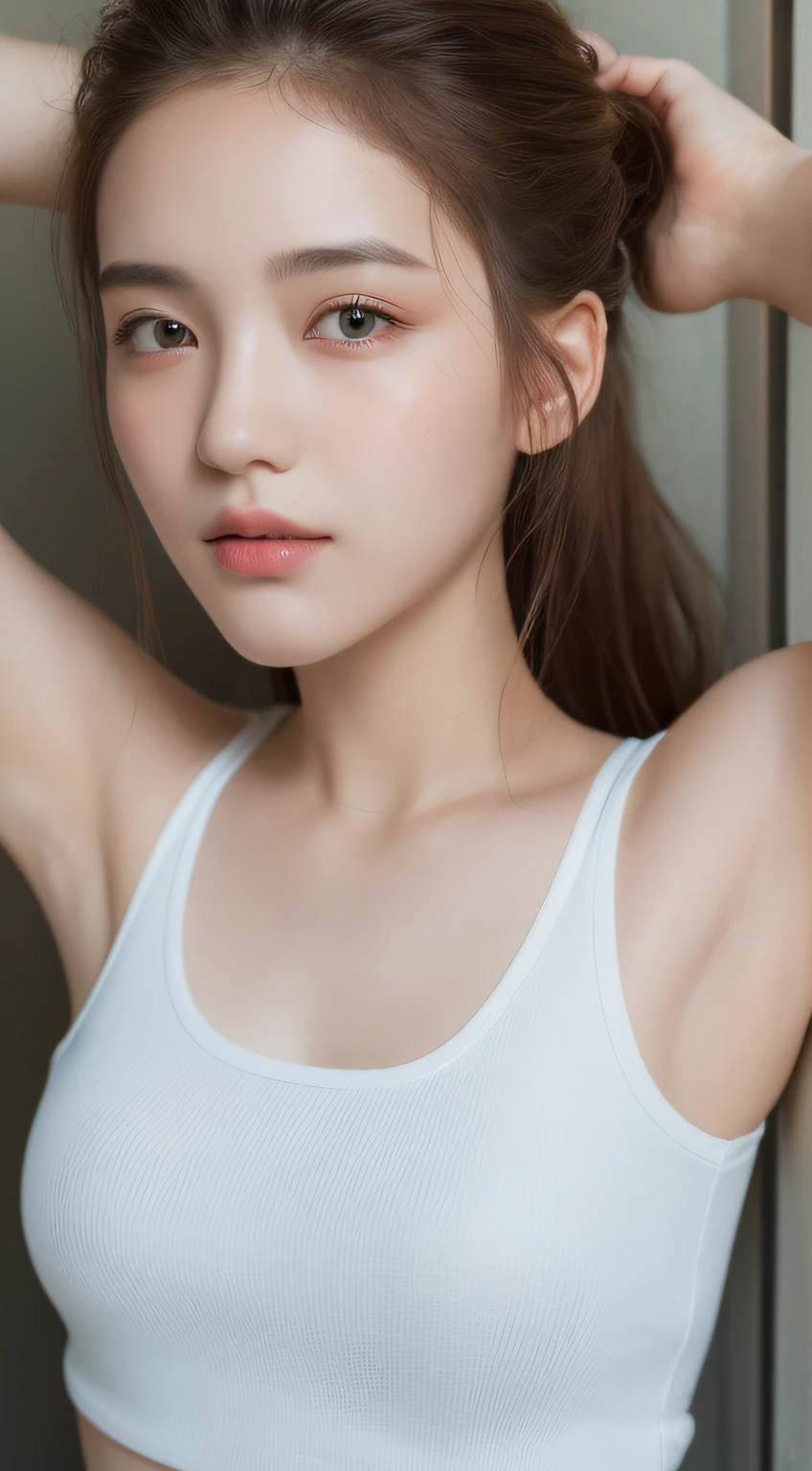 ((Best quality, 8k, Masterpiece :1.3)), 1girl, Pretty woman with emphasizing slender abs :1.3, (random hairstyles :1.2), Oversized tank top :1.2, Ultra-detailed face, Detailed eyes, Double eyelid, armpit
