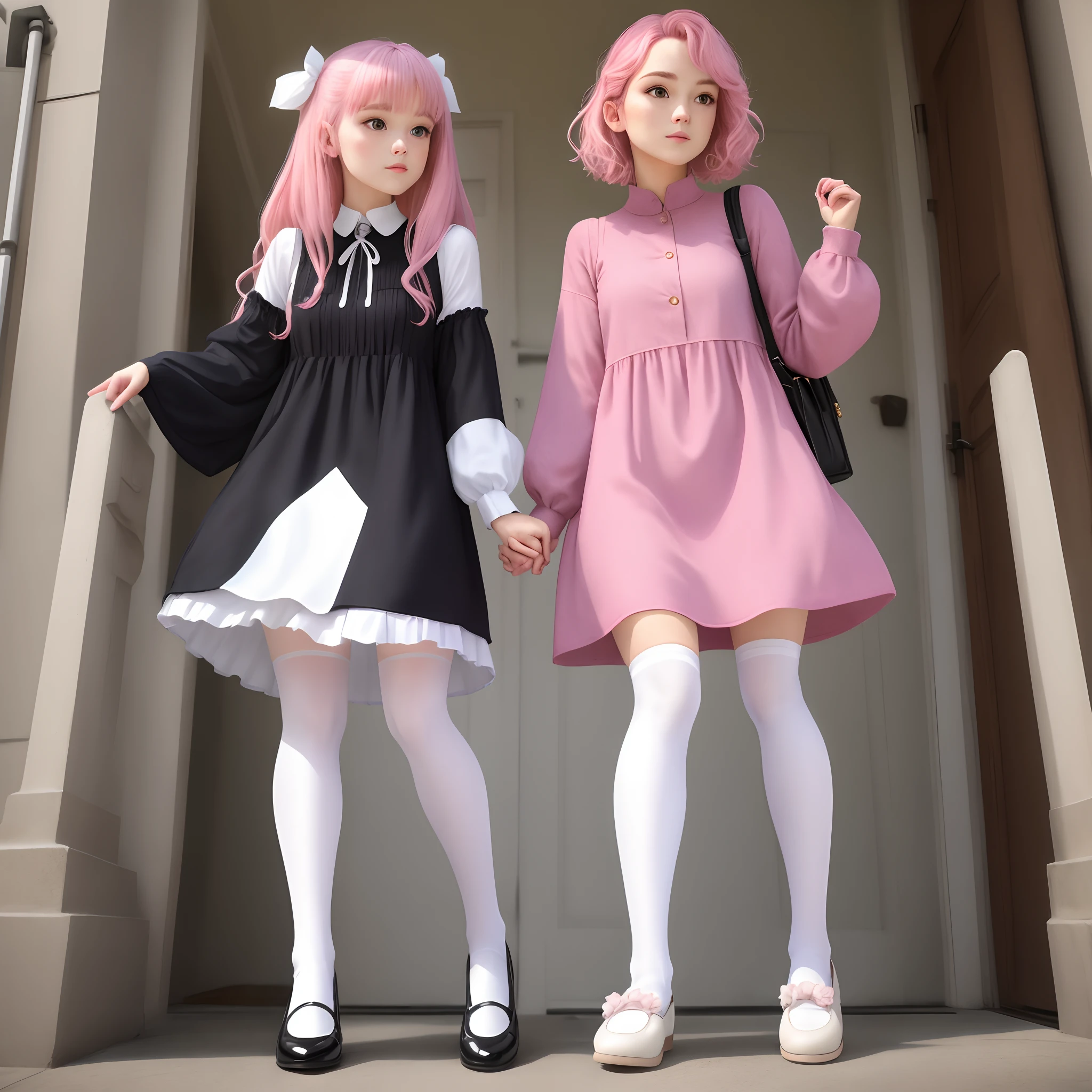 white stockings,shift dresses,A pink-haired