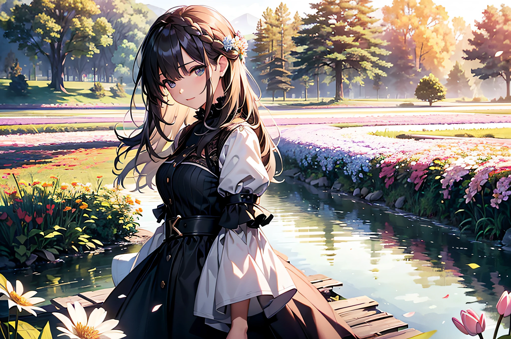 The person is bottom of the area, 1girl, solo, Happy, (flower field of Eden: 1.2), River side, Picks flowers, front of forest, sleep, distant view, landscape-centric, high angle view, (Best quality), (masterpiece:1.3), (photorealistic:1.36), (realistic), Hi-resolution, (Highly detailed CG Unity 8k wallpaper), depth of field, Smooth hair, detailed hair, very fine hair, High-waisted dresses, puff sleeves, spring sunshine, spring flowers and grasses, natural light, Very beautiful and fantastic space.