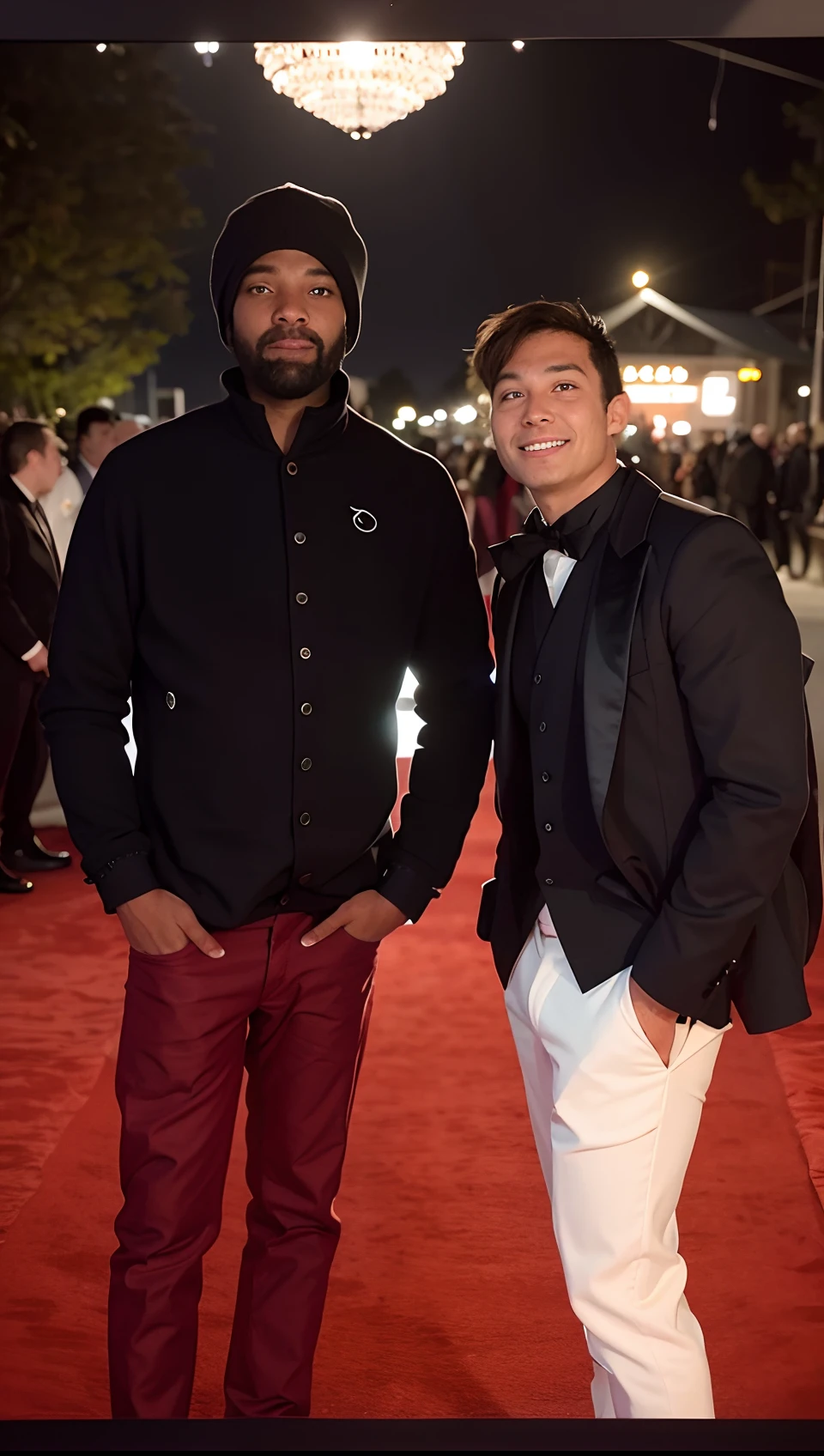 there are two men standing next to each other on a red carpet, very clear picture, very very low quality picture, candid picture, with lovely look, with village, at night time, with accurate face, at the party, very accurate photo, blurry image, perfect photo, high quality scan, selfie photo, taken with the best dlsr camera, attractive photo