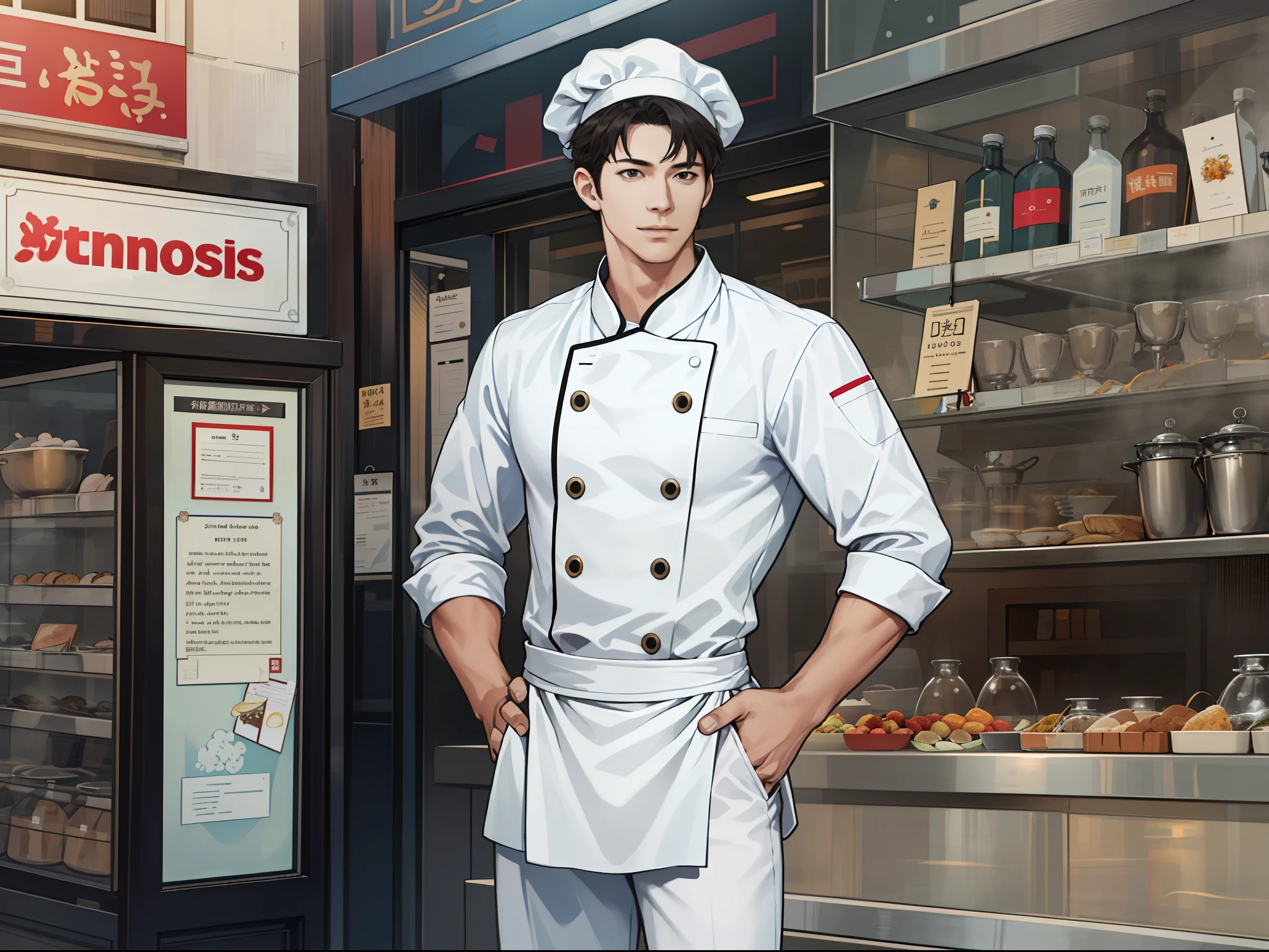 (absurderes,A high resolution,ultra - detailed,realisticlying,),1 male,独奏,AS-Adult,mature,Tall,Handsome,mtu,Handsome,White chef's suit,White chef hat,Small shop on the street,Spot,Shout loudly