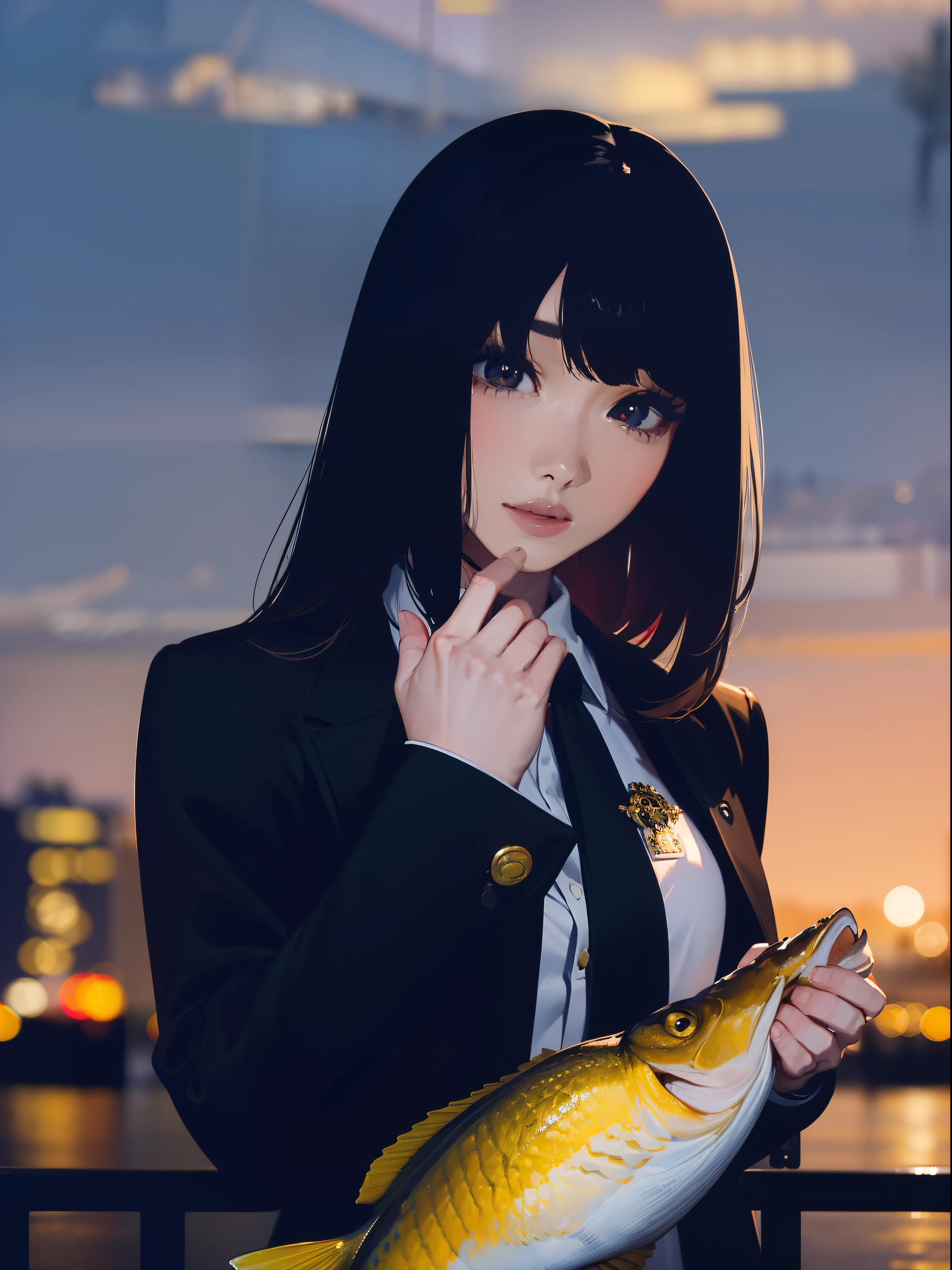 ((((Holding a big fish by the lakeside)))),((Best Quality, masutepiece :1.3)),((( Large Mouth Bass))),hight resolution,ultra-detailliert,Beauty and aesthetics,masterpiece,best qualtiy,(1 Japanese woman),Black hair, long eyeslashes, Solid Circle Eyes, deadpan, drop shadow, Atmospheric perspective,Super Detail, ccurate, small brest,(Black jacket :1.1),top-quality, absurderes:1.2, blurry backround, bokeh dof:1.2, a picture, (masterpiece:1.3), (intricate detailes:1.2), Atmospheric perspective,Super Detail, ccurate,