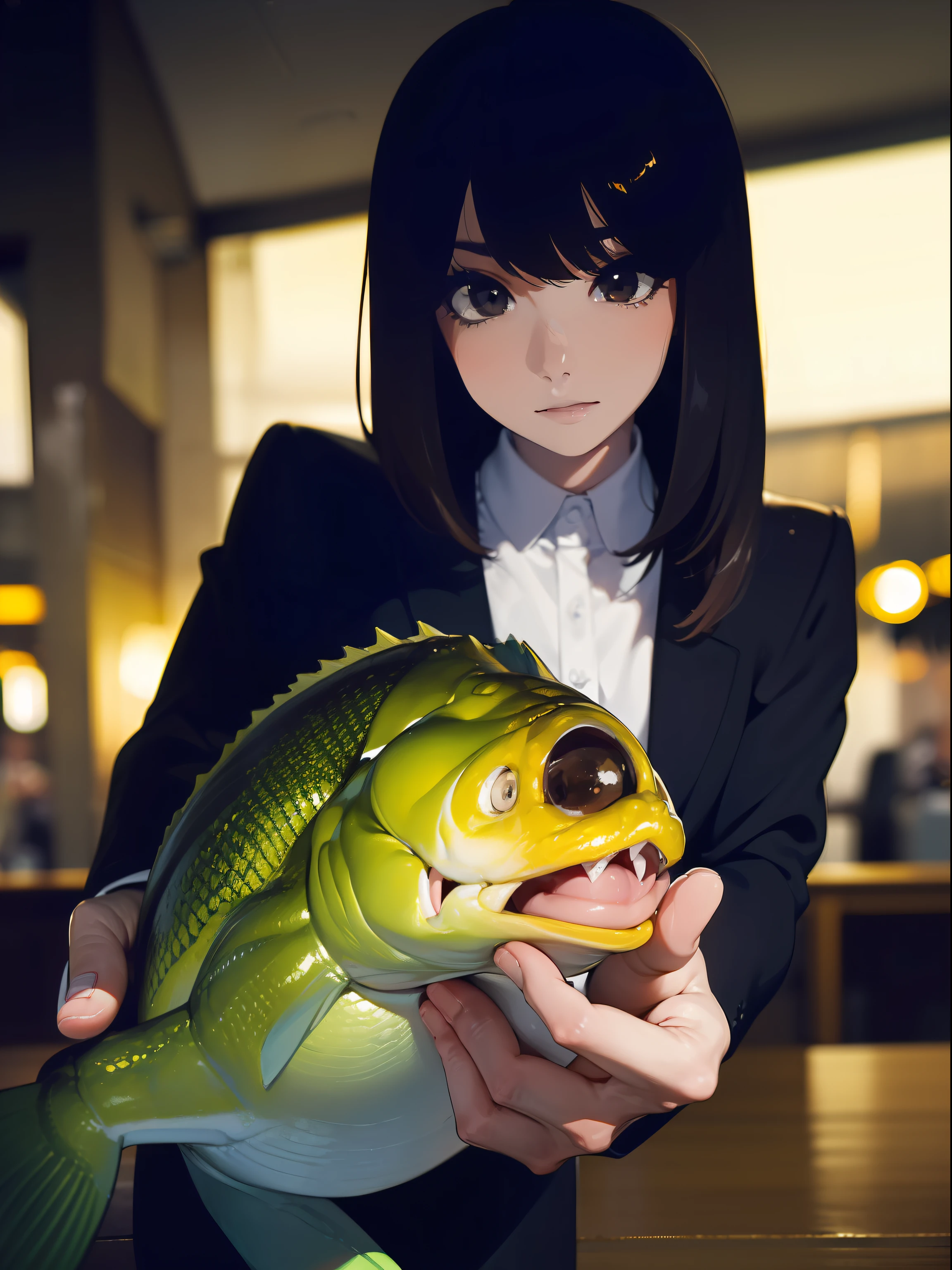 ((((Holding a big fish by the lakeside)))),((Best Quality, masutepiece :1.3)),((( Large Mouth Bass))),hight resolution,ultra-detailliert,Beauty and aesthetics,masterpiece,best qualtiy,(1 Japanese woman),Black hair, long eyeslashes, Solid Circle Eyes, deadpan, drop shadow, Atmospheric perspective,Super Detail, ccurate, small brest,(Black jacket :1.1),top-quality, absurderes:1.2, blurry backround, bokeh dof:1.2, a picture, (masterpiece:1.3), (intricate detailes:1.2), Atmospheric perspective,Super Detail, ccurate,