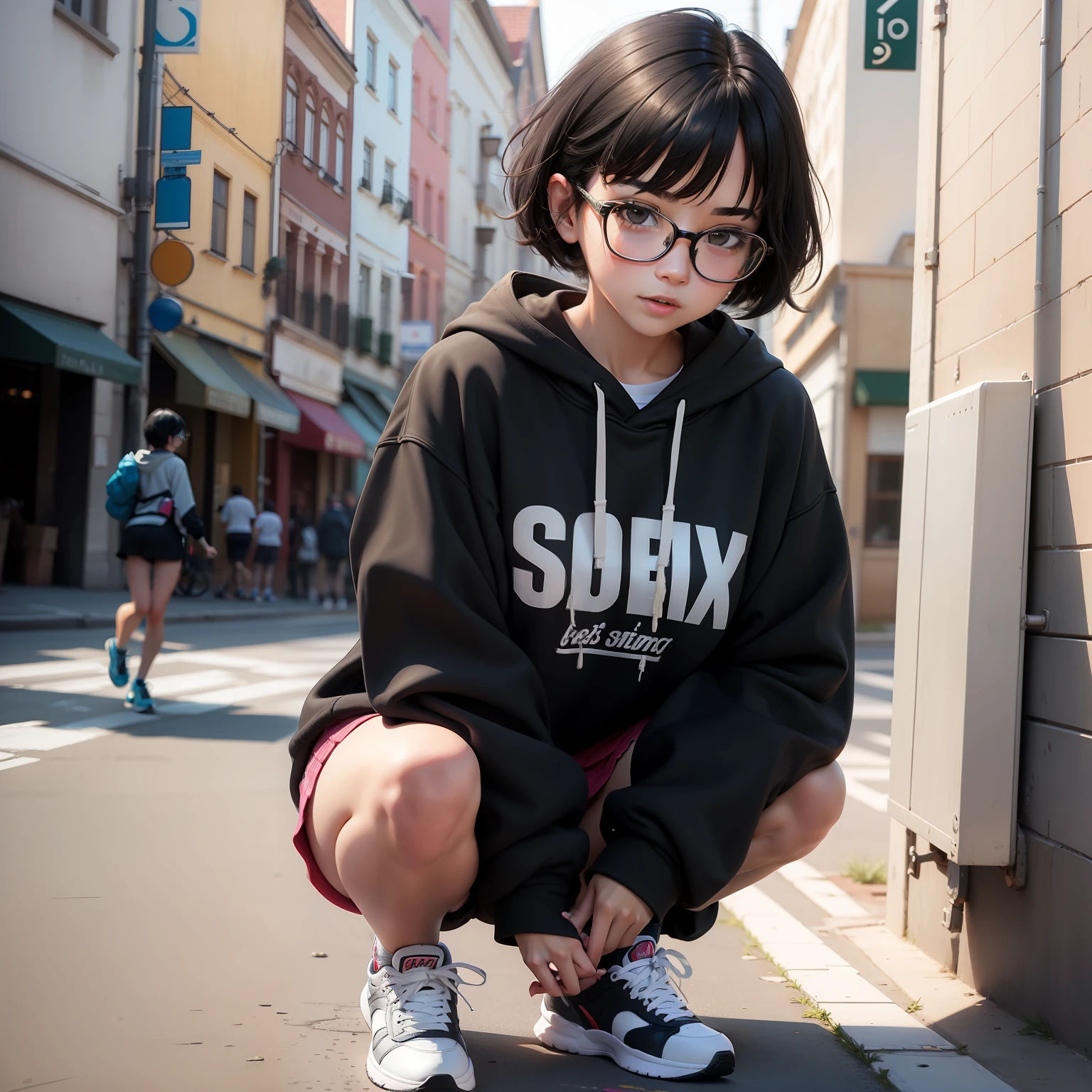 Sweatshirt, sneakers, short black hair, glasses, cute girl, lively and active