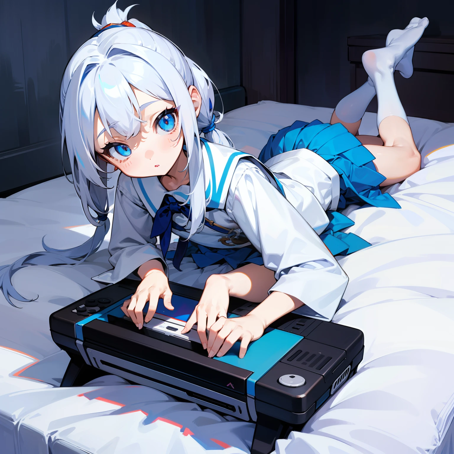 femele ,small li,Height 1.5 m,white color hair,Double ponytail hairstyle,Student uniform,Superskirt,get down on the bed,Game console in hand,blue color eyes ,Look ahead,tmasterpiece,k hd