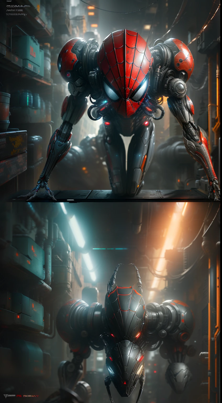 Spider-Biodroid from Marvel photography, biomechanical, complex robot, full growth, hyper-realistic, insane small details, extremely clean lines, cyberpunk aesthetic, a masterpiece presented at Zbrush Central